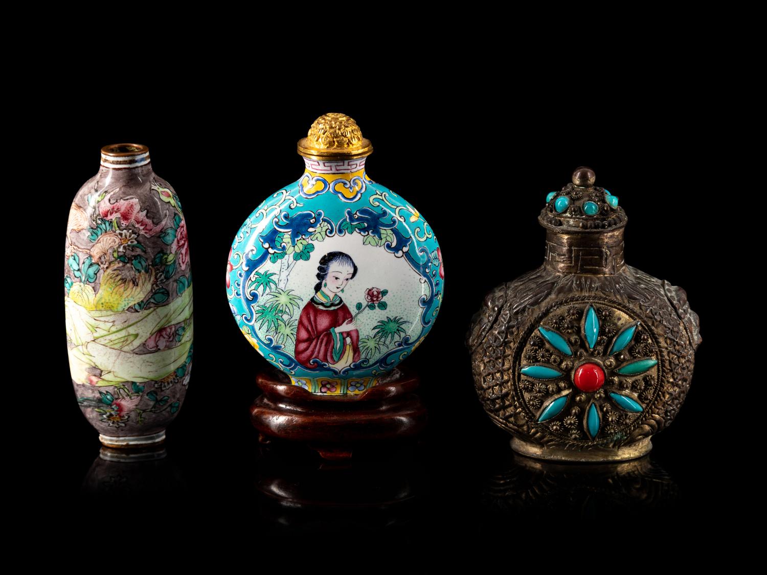 Two Chinese Canton Enamel on Copper Snuff Bottles and One Sino-Tibetan Hardstone Inset Silver Snuff Bottle