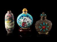 Two Chinese Canton Enamel on Copper Snuff Bottles and One Sino-Tibetan Hardstone Inset Silver Snuff Bottle