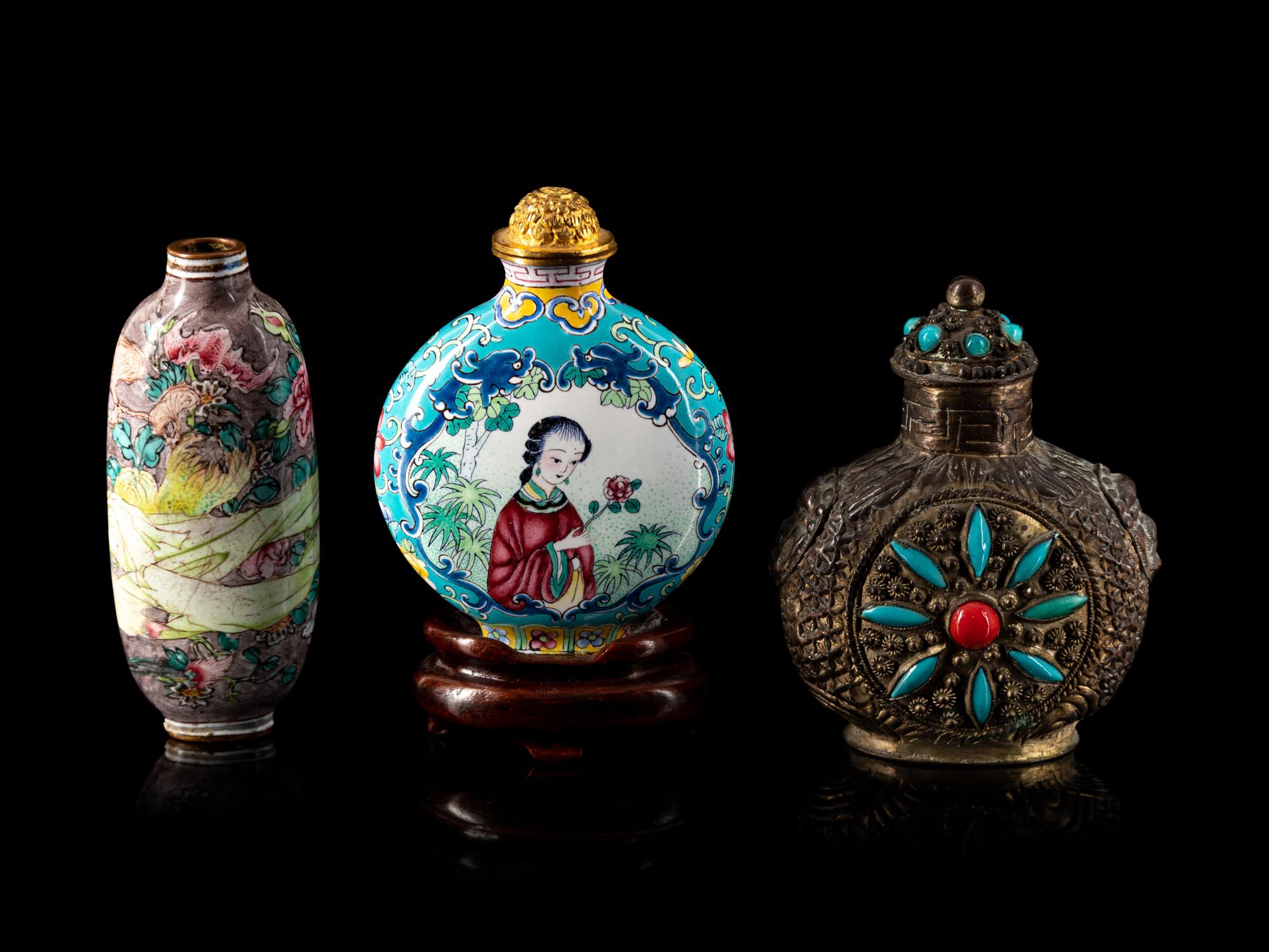 Two Chinese Canton Enamel on Copper Snuff Bottles and One Sino-Tibetan Hardstone Inset Silver Snuff Bottle
