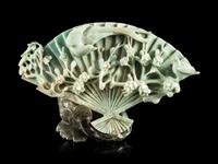 A Chinese Apple Green and Celadon Jadeite Fan-Form Carving
