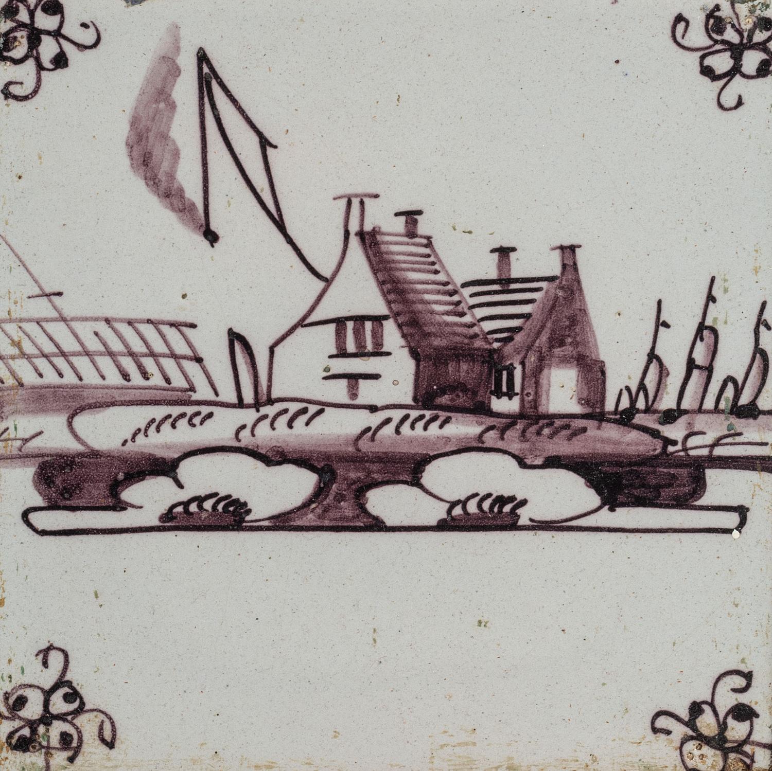 A Set of Five Framed Puce Delft Tiles