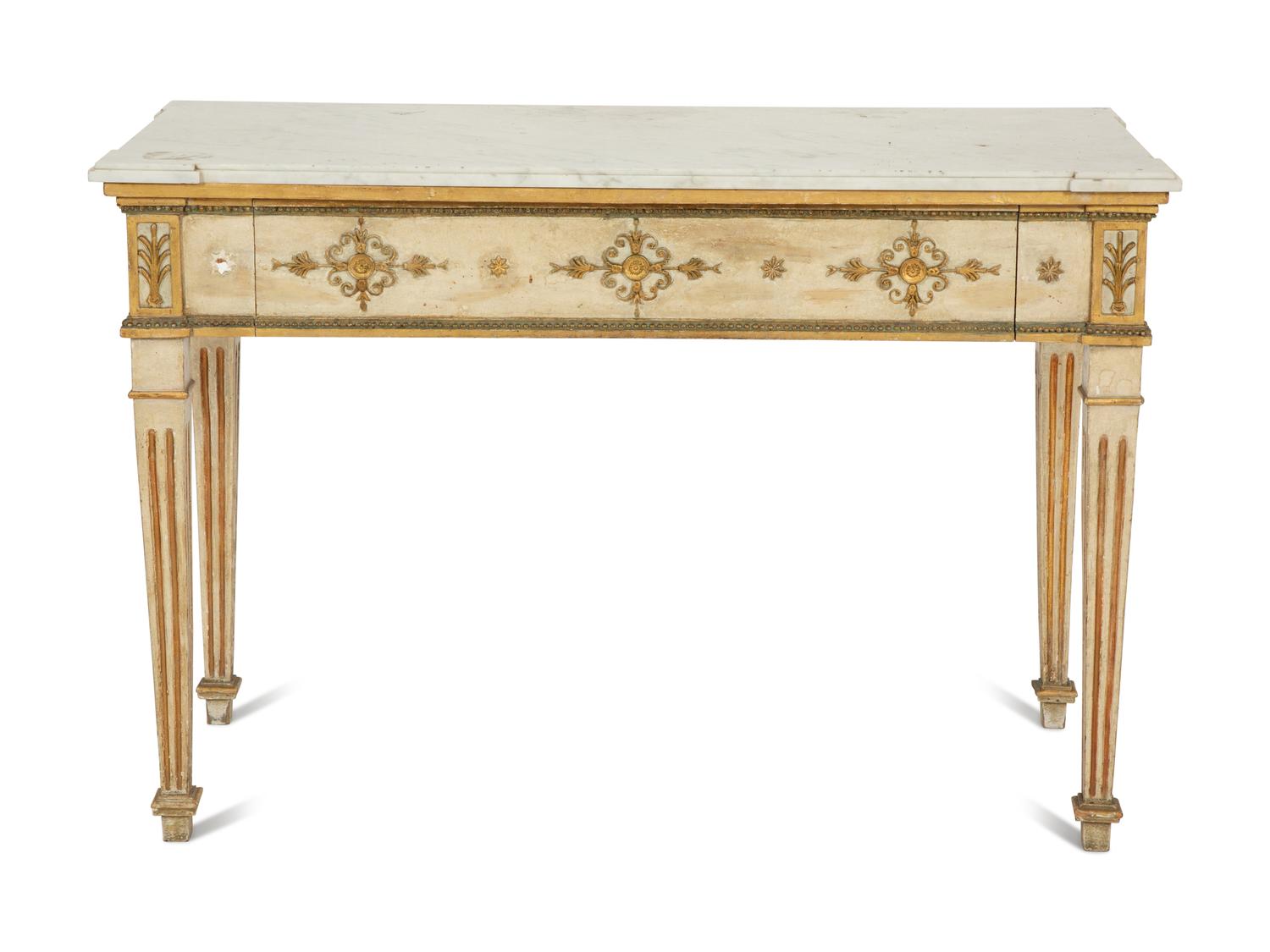 A Neoclassical Painted and Parcel Gilt Marble Top Console Table