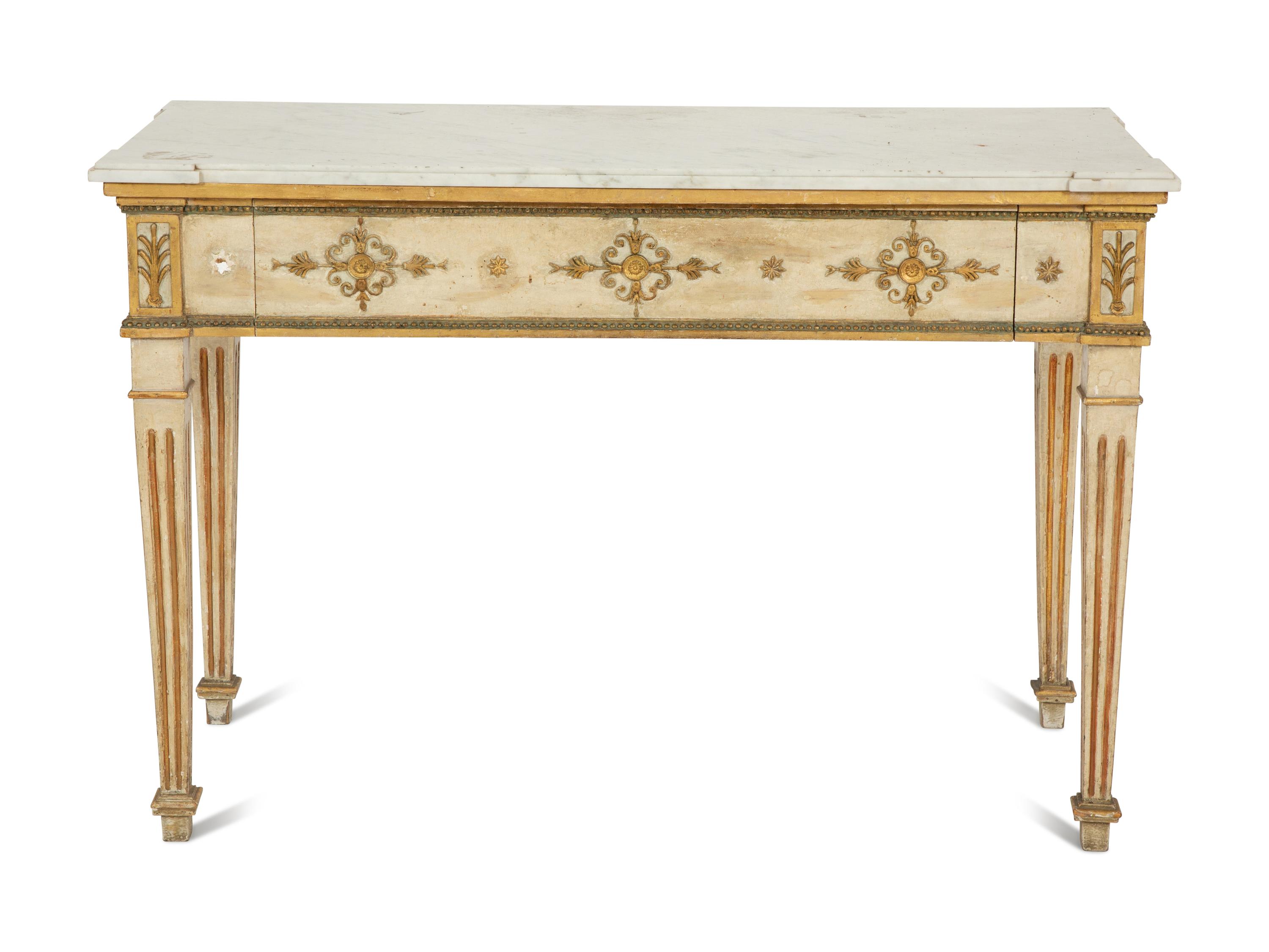 A Neoclassical Painted and Parcel Gilt Marble Top Console Table