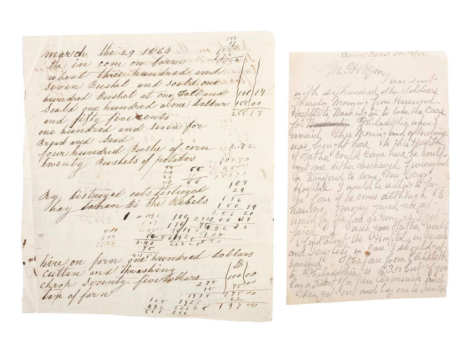 [CIVIL WAR]. Ephemera including elaborately engraved postal cover, wounded soldier's letter, railroad bill of lading for hospital stores, and more