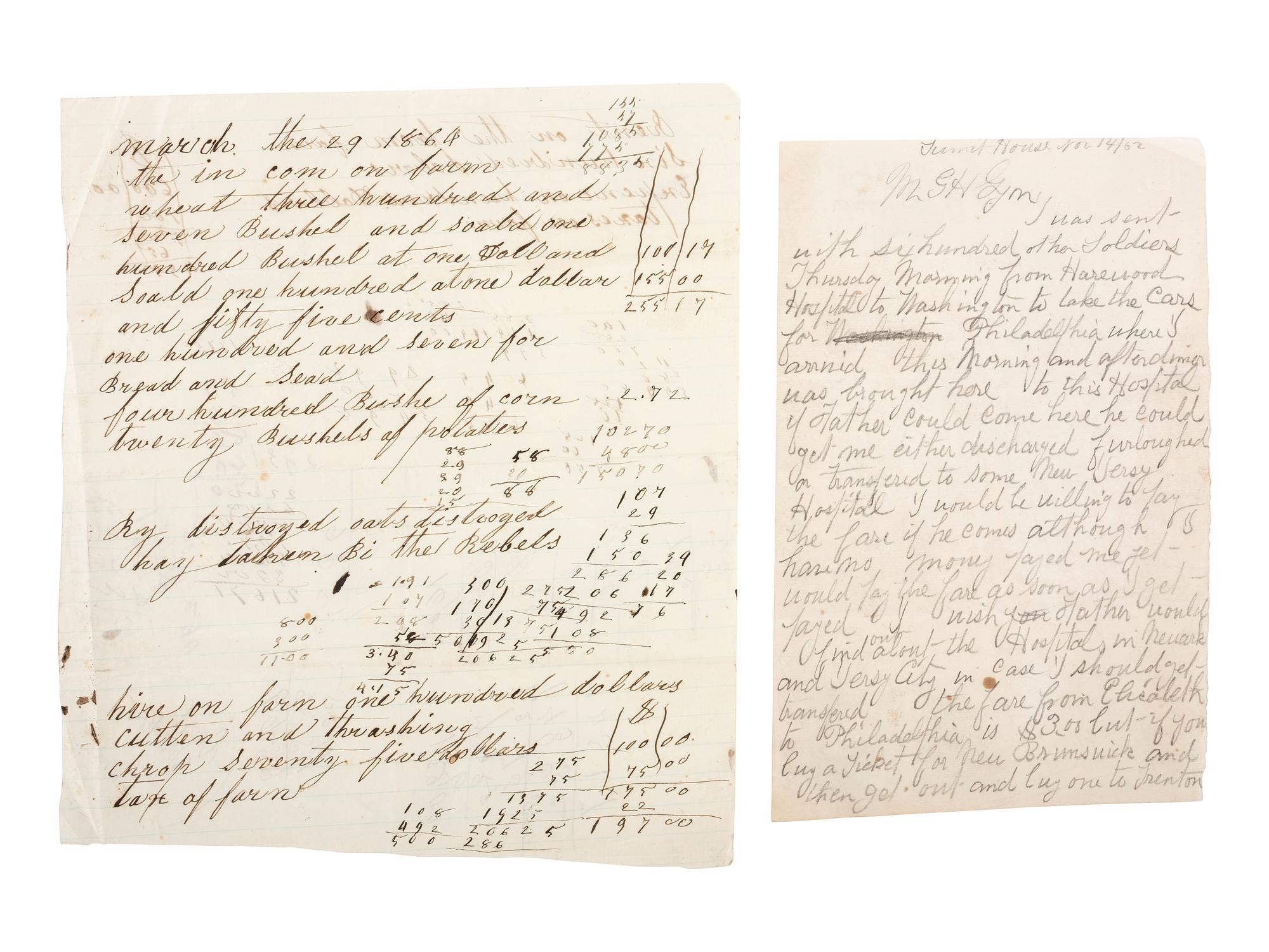 [CIVIL WAR]. Ephemera including elaborately engraved postal cover, wounded soldier's letter, railroad bill of lading for hospital stores, and more