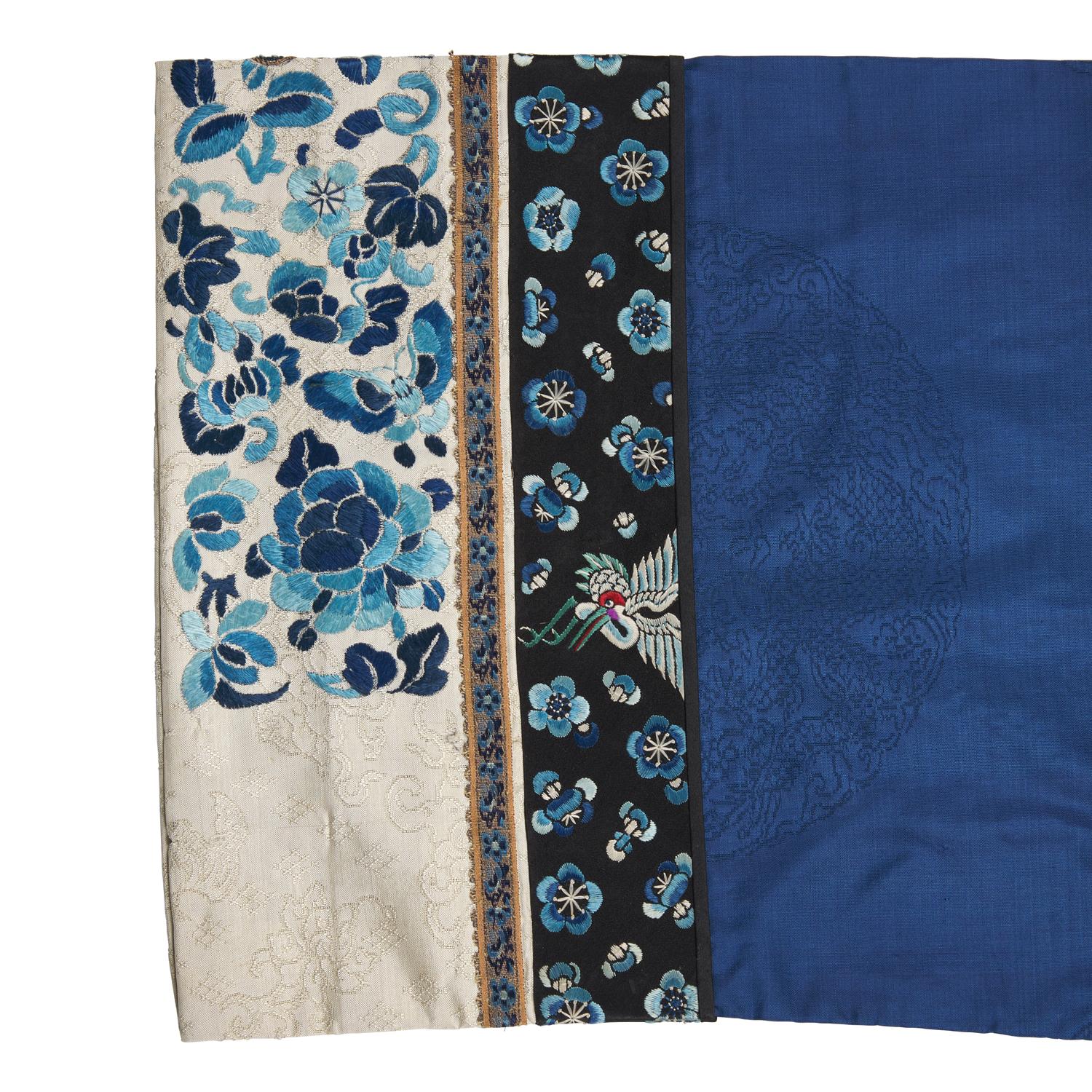 A Chinese Blue Silk Lady's Jacket, Late 19th-Early 20th Century 晚清-民國 藍地團龍紋鑲仙鶴梅花邊女褂