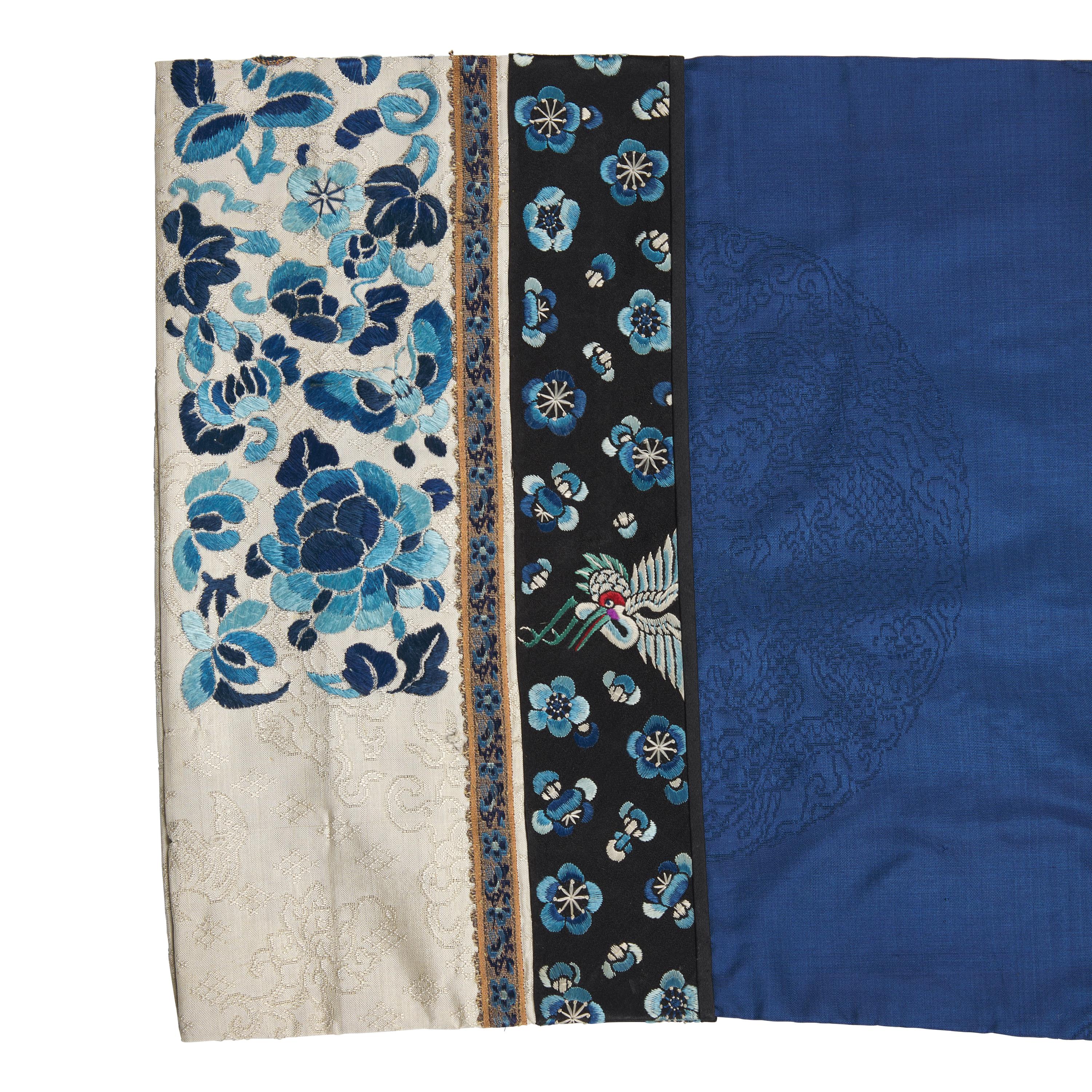 A Chinese Blue Silk Lady's Jacket, Late 19th-Early 20th Century 晚清-民國 藍地團龍紋鑲仙鶴梅花邊女褂