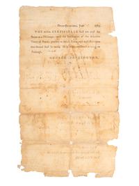 WASHINGTON, George (1732-1799). Partly printed document accomplished in manuscript in a secretarial hand signed ("G:Washington"), as Commander-in-Chief of the Continental Army, countersigned by Jonathan Trumbull Jr., 5 June 1783.