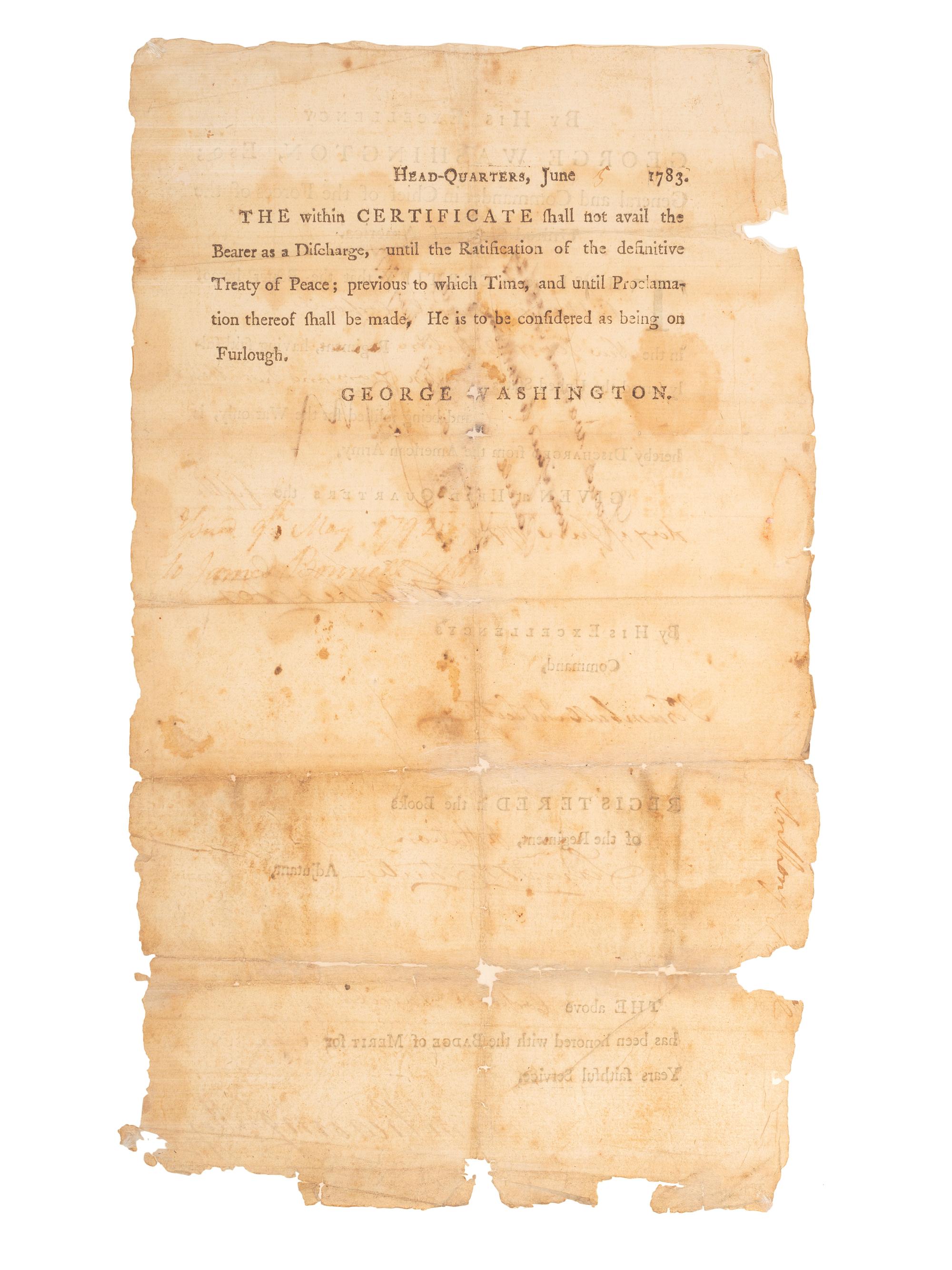 WASHINGTON, George (1732-1799). Partly printed document accomplished in manuscript in a secretarial hand signed ("G:Washington"), as Commander-in-Chief of the Continental Army, countersigned by Jonathan Trumbull Jr., 5 June 1783.