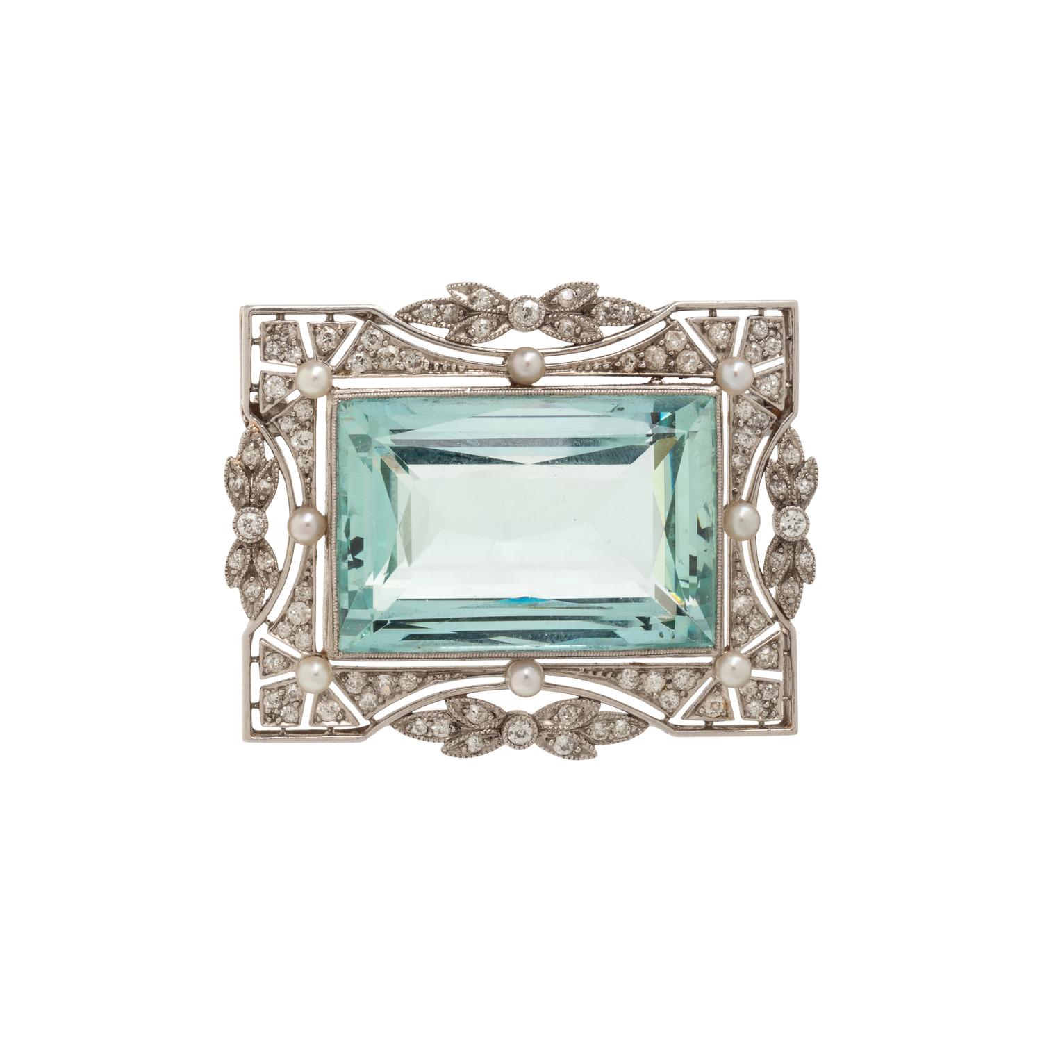 BLACK, STARR & FROST, EDWARDIAN, AQUAMARINE, DIAMOND, AND SEED PEARL BROOCH