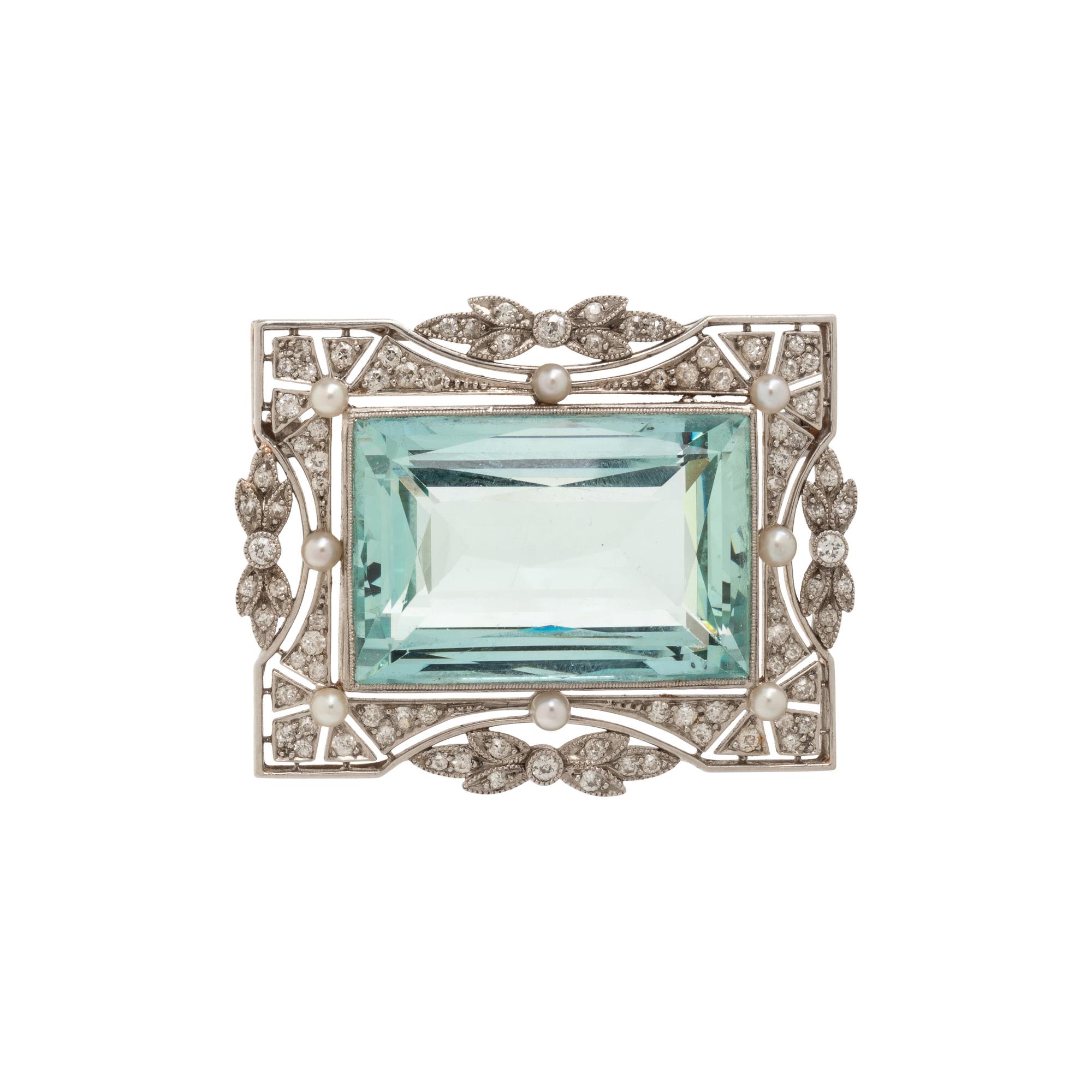 BLACK, STARR & FROST, EDWARDIAN, AQUAMARINE, DIAMOND, AND SEED PEARL BROOCH