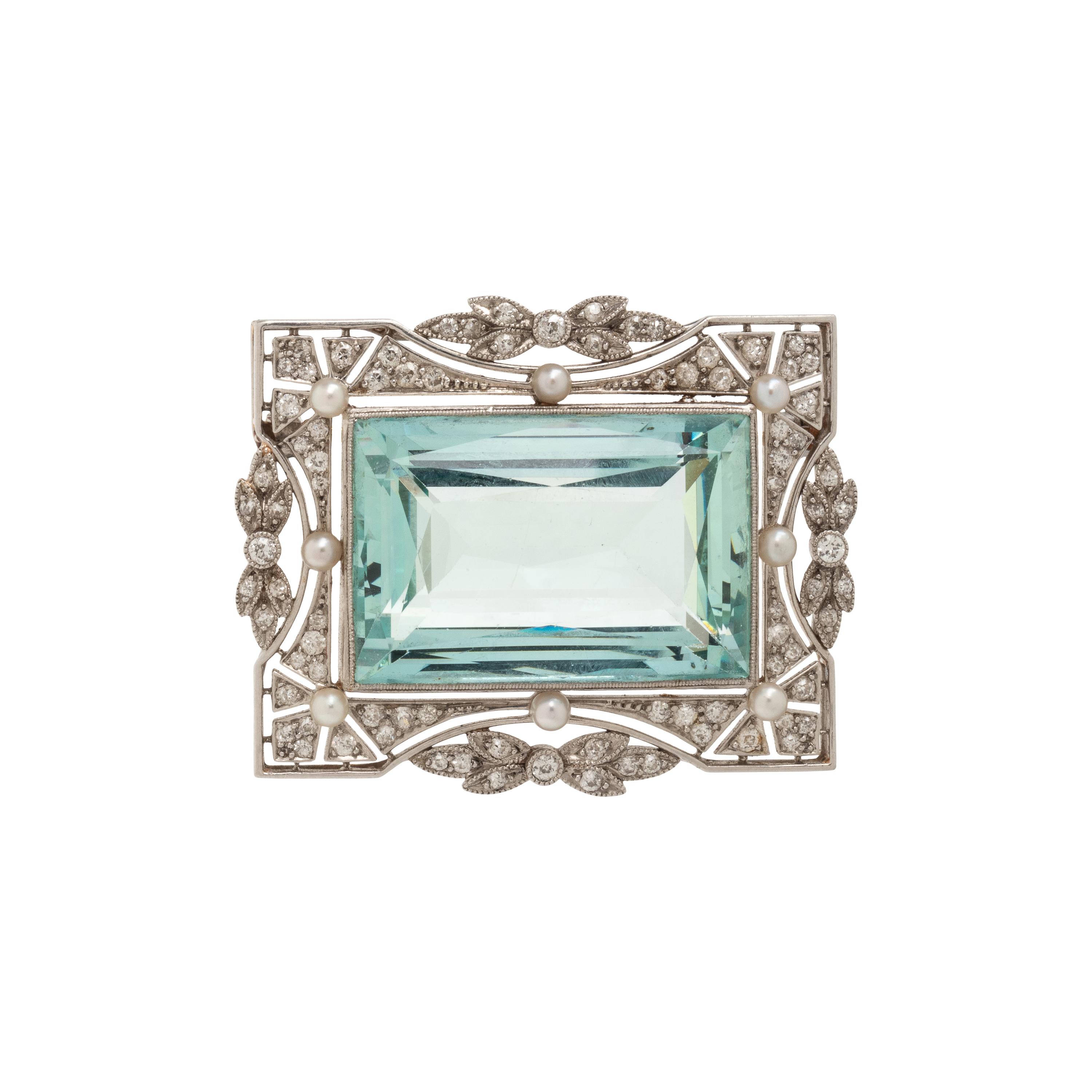 BLACK, STARR & FROST, EDWARDIAN, AQUAMARINE, DIAMOND, AND SEED PEARL BROOCH