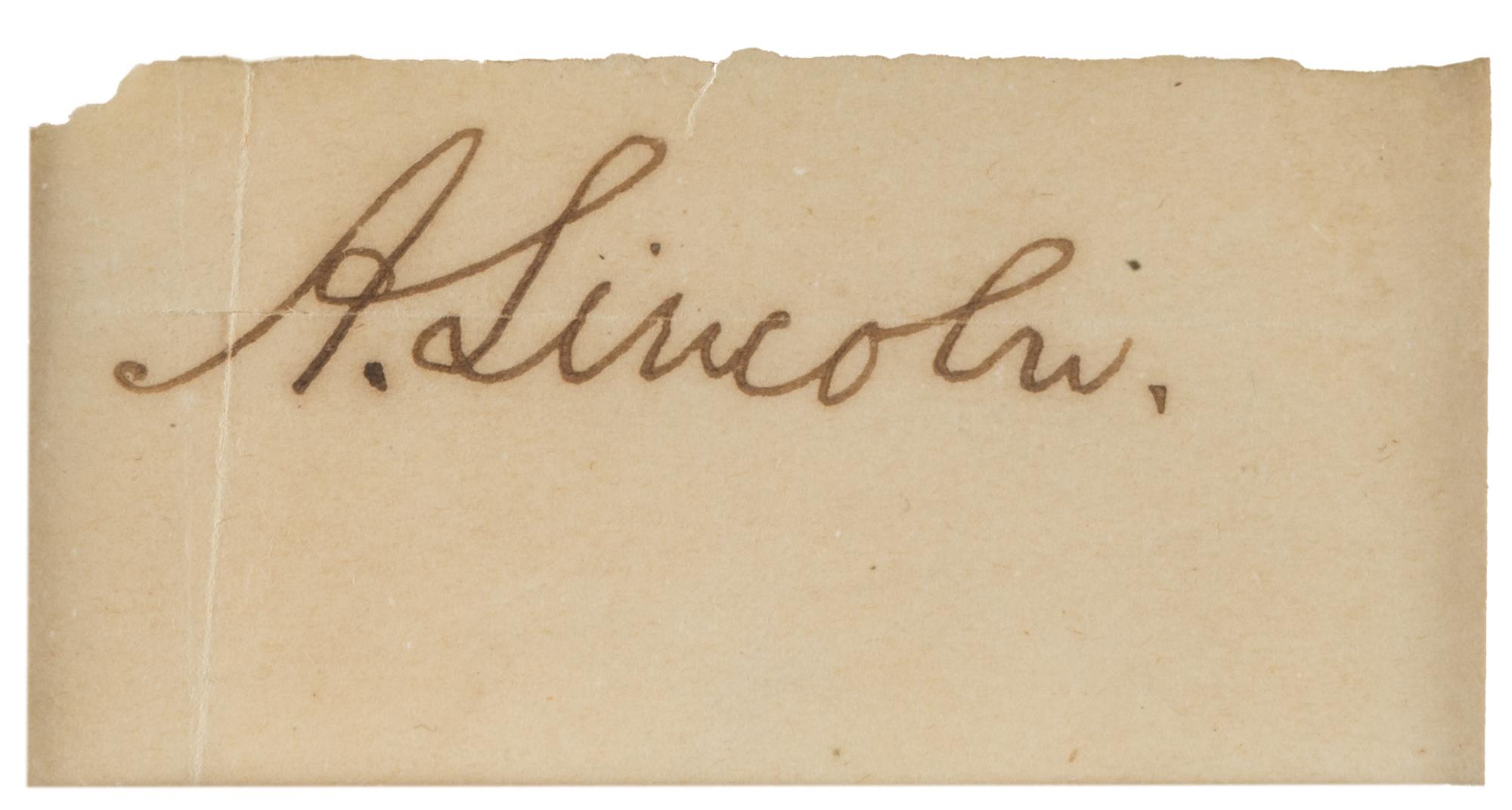 LINCOLN, Abraham (1809-1865). Signature ("A. Lincoln") cut from a document. N.d.