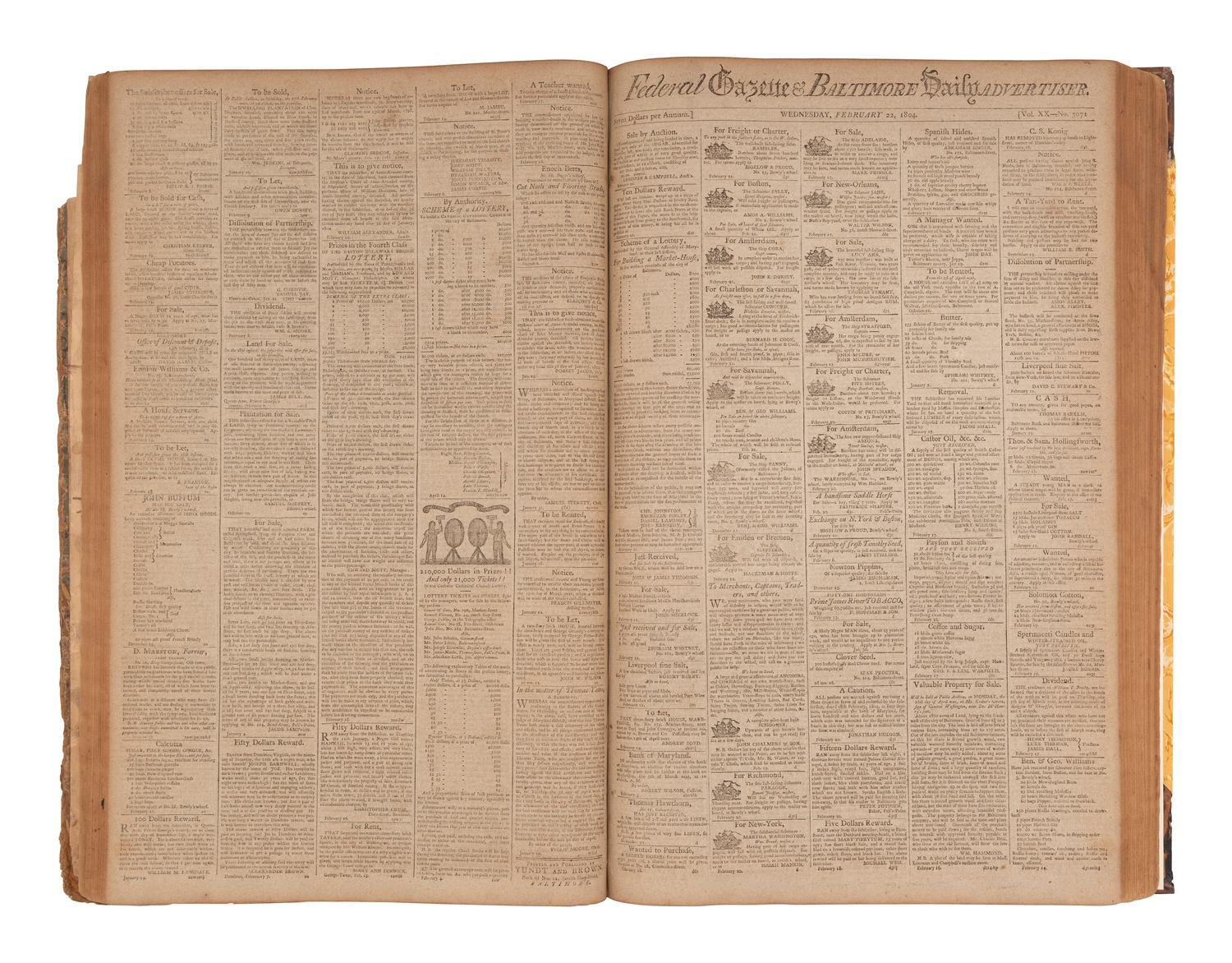 [POLITICS] -- [NEWSPAPERS]. The Federal Gazette & Baltimore Daily Advertiser . Bound volume containing 144 newspapers, incl. coverage of Thomas Jefferson's first term in office.