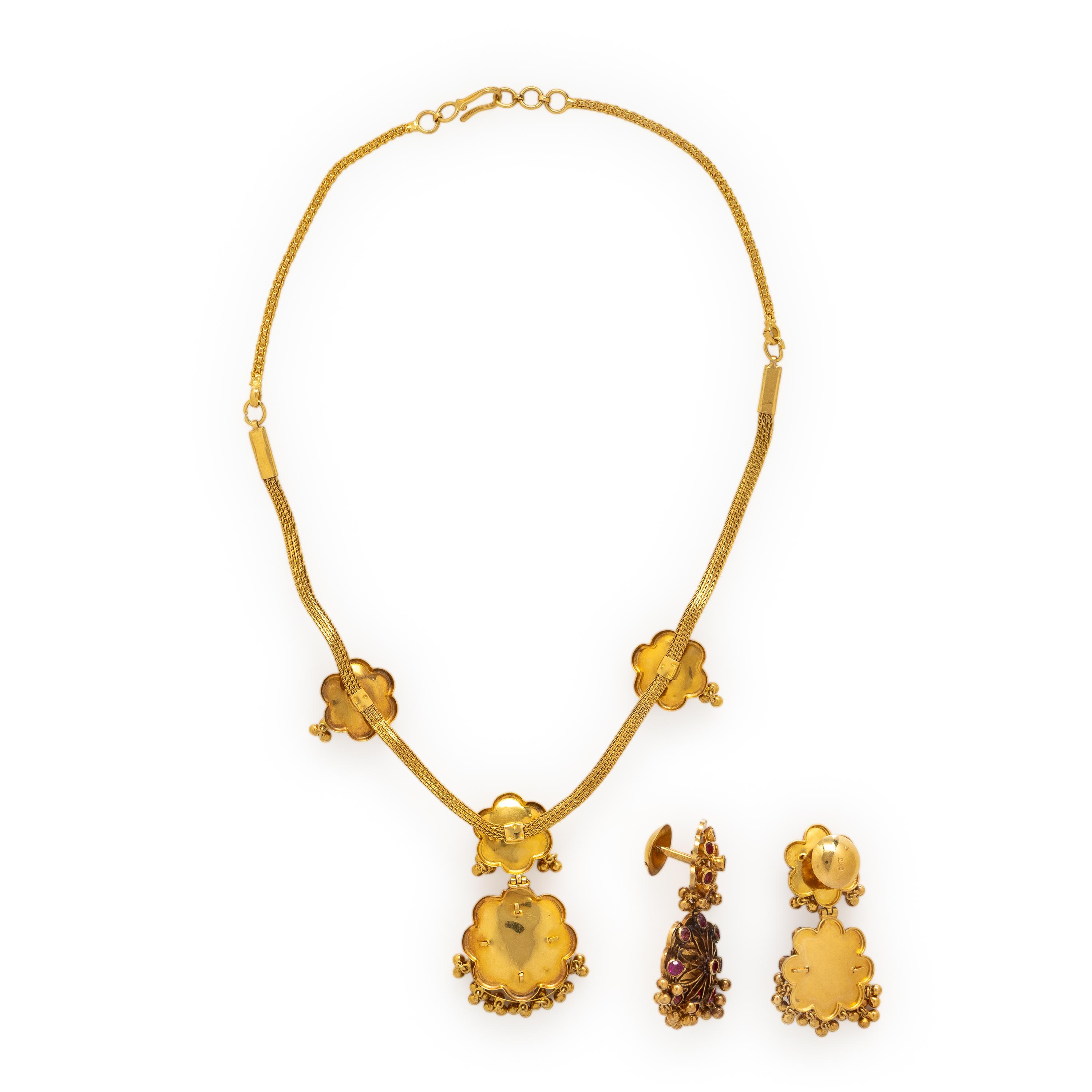 Synthetic Ruby and High-Karat Yellow Gold Earrings and Necklace