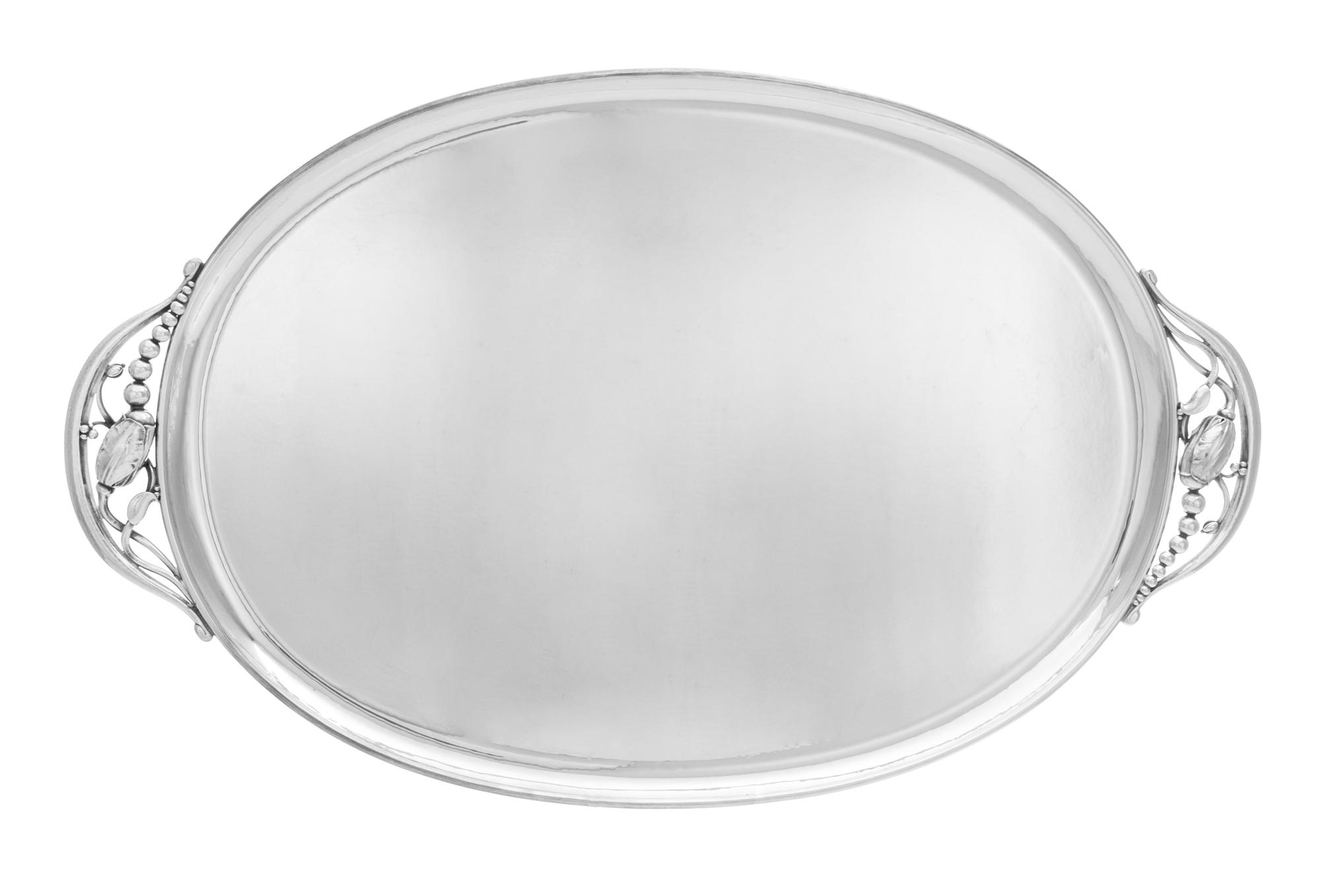 A Danish Silver Tray, Georg Jensen Silversmithy, Copenhagen, 1945-77, Blossom pattern, of oval form having a spot-hammered finish, the