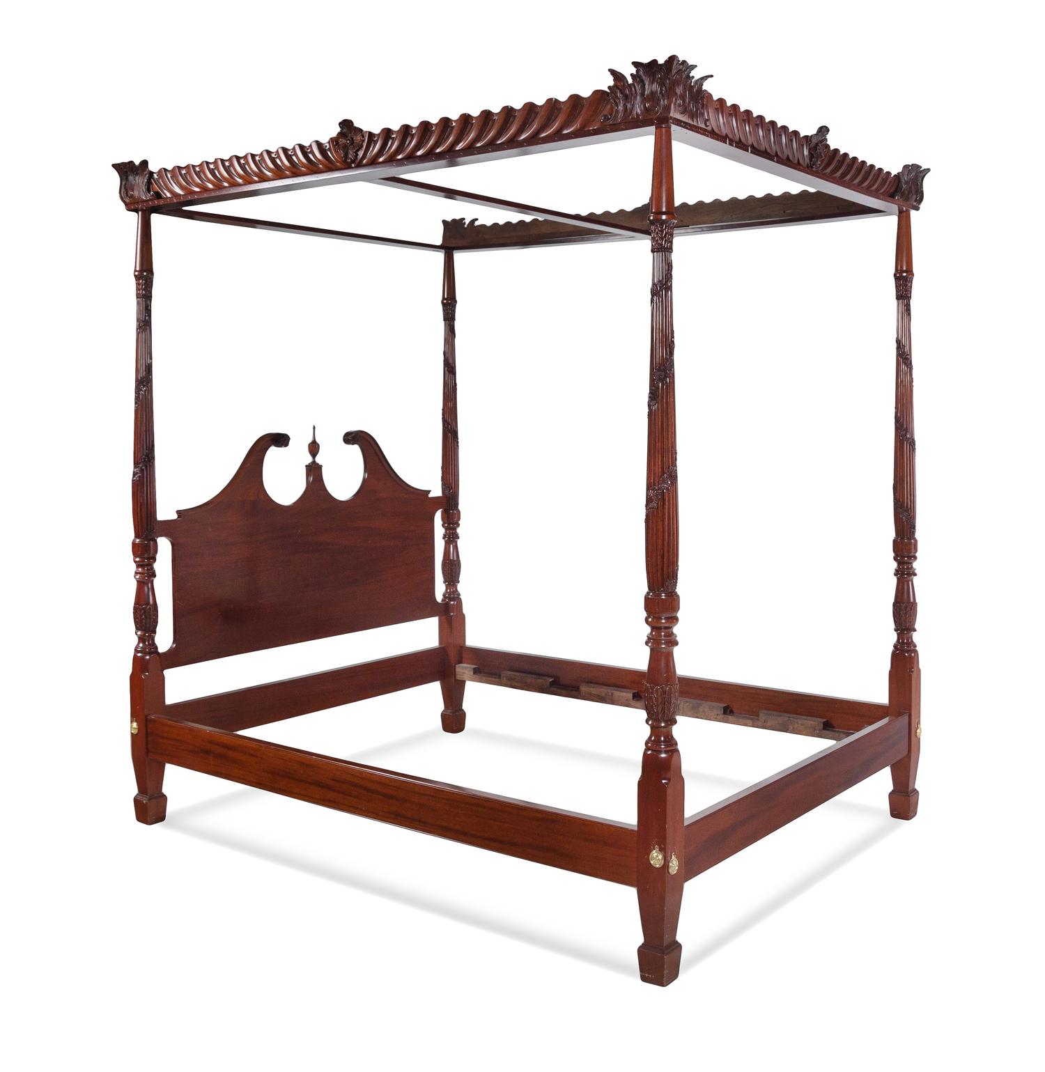 A George III Style Carved Mahogany Tester Bed with Custom Drapery