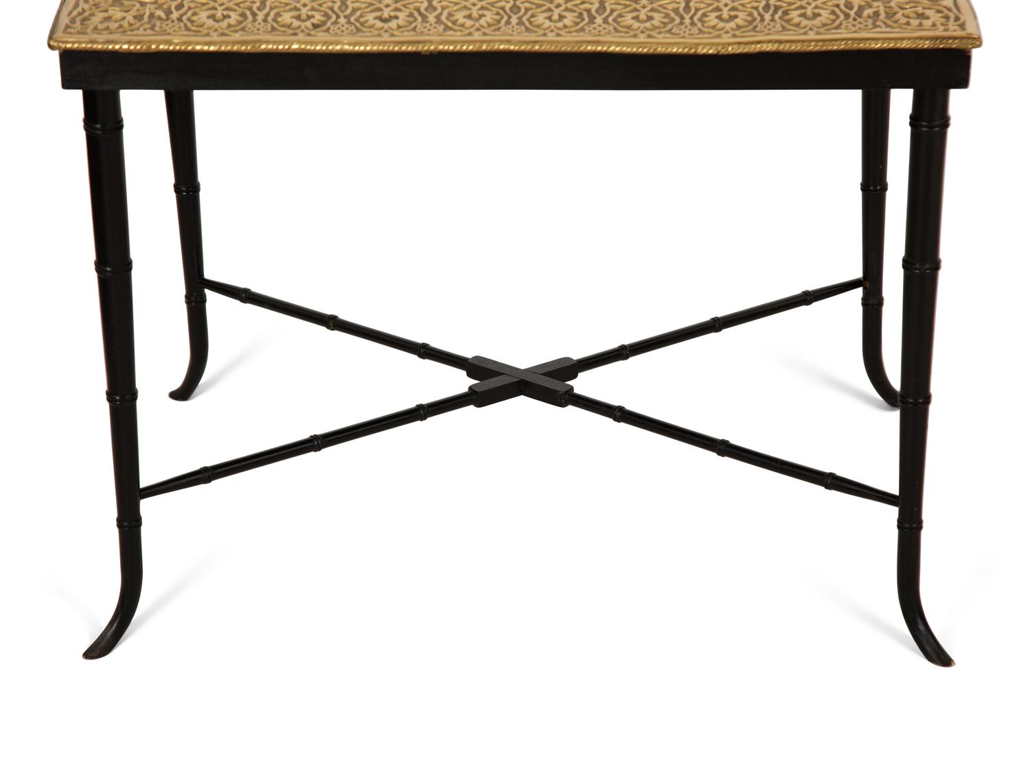 Two Chased Brass Tray-Top Occasional Tables with Ebonized and Gilt Stands — 20th Century