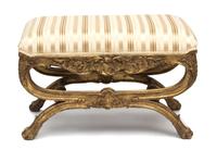 An Italian Rococo Style Painted and Parcel Gilt Curule-Form Tabouret Height 20 x width 31 x depth 17 inches. — EARLY 20TH CENTURY