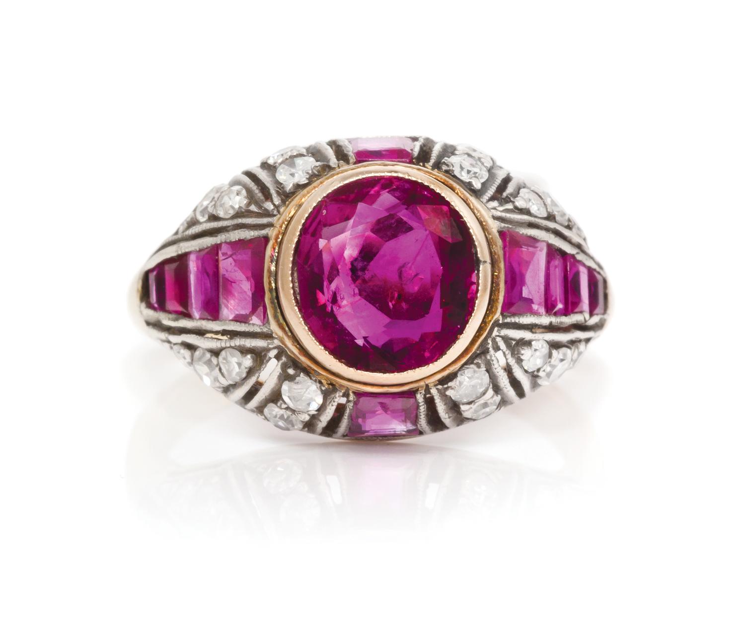 A Silver Topped Rose Gold, Ruby and Diamond Ring, 3.00 dwts.