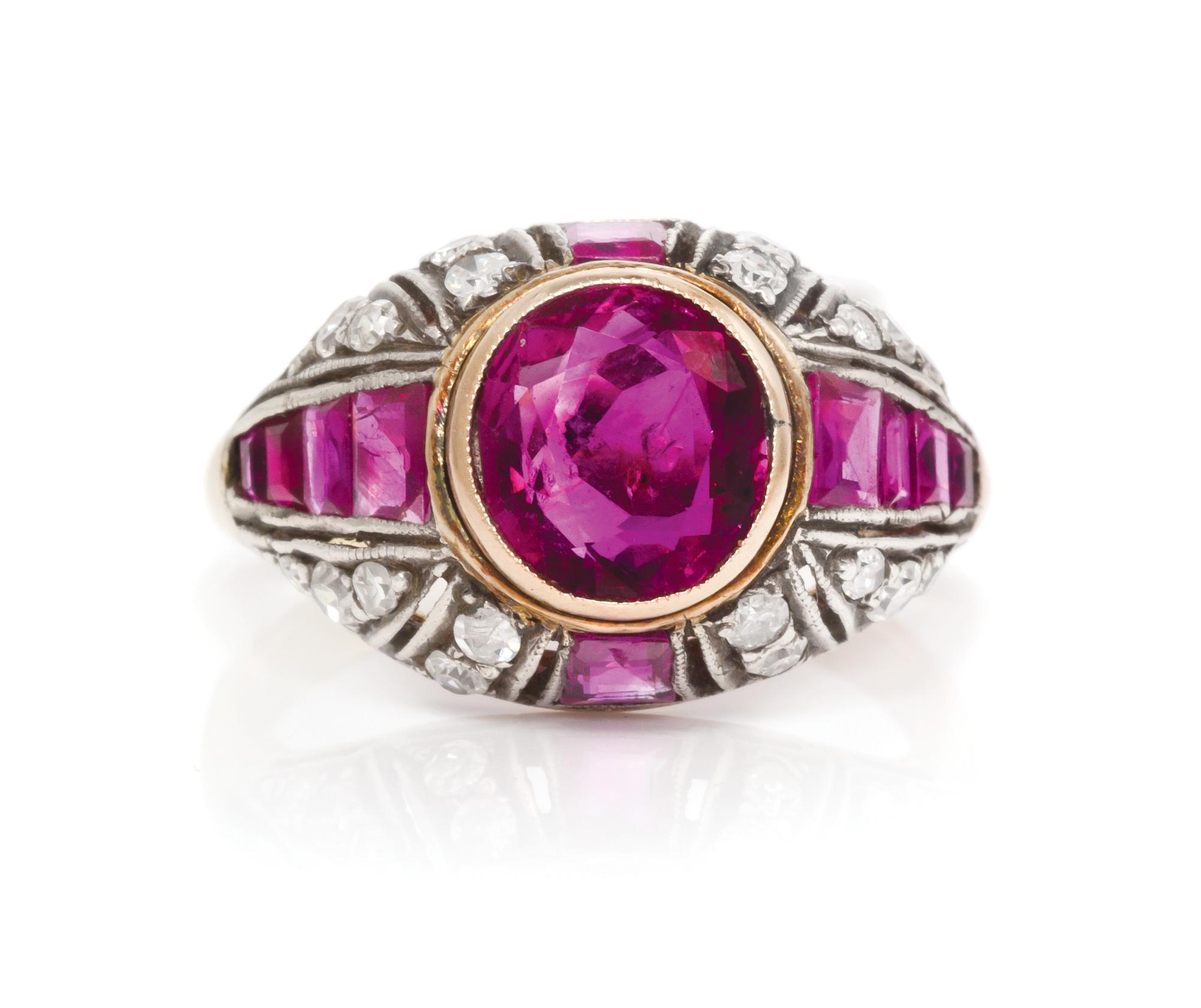 A Silver Topped Rose Gold, Ruby and Diamond Ring, 3.00 dwts.