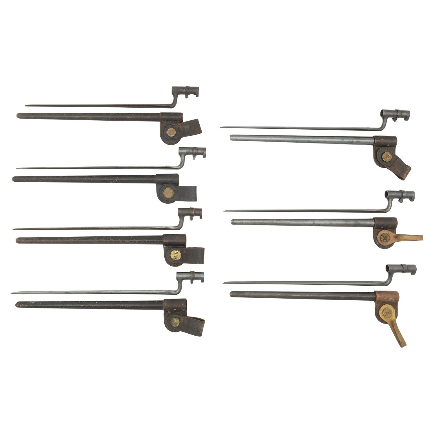 Six US Model 1873 Trapdoor Rifle Socket Bayonets with Scabbards and One Remington No. 1 Bayonet with Scabbard