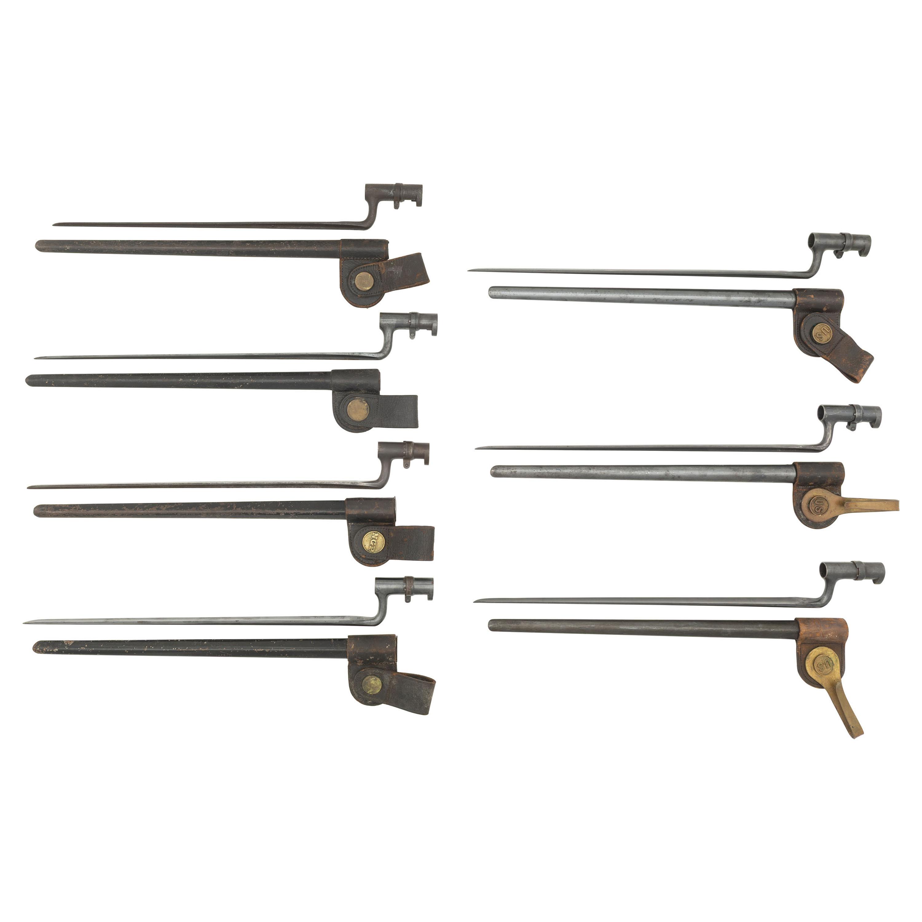 Six US Model 1873 Trapdoor Rifle Socket Bayonets with Scabbards and One Remington No. 1 Bayonet with Scabbard