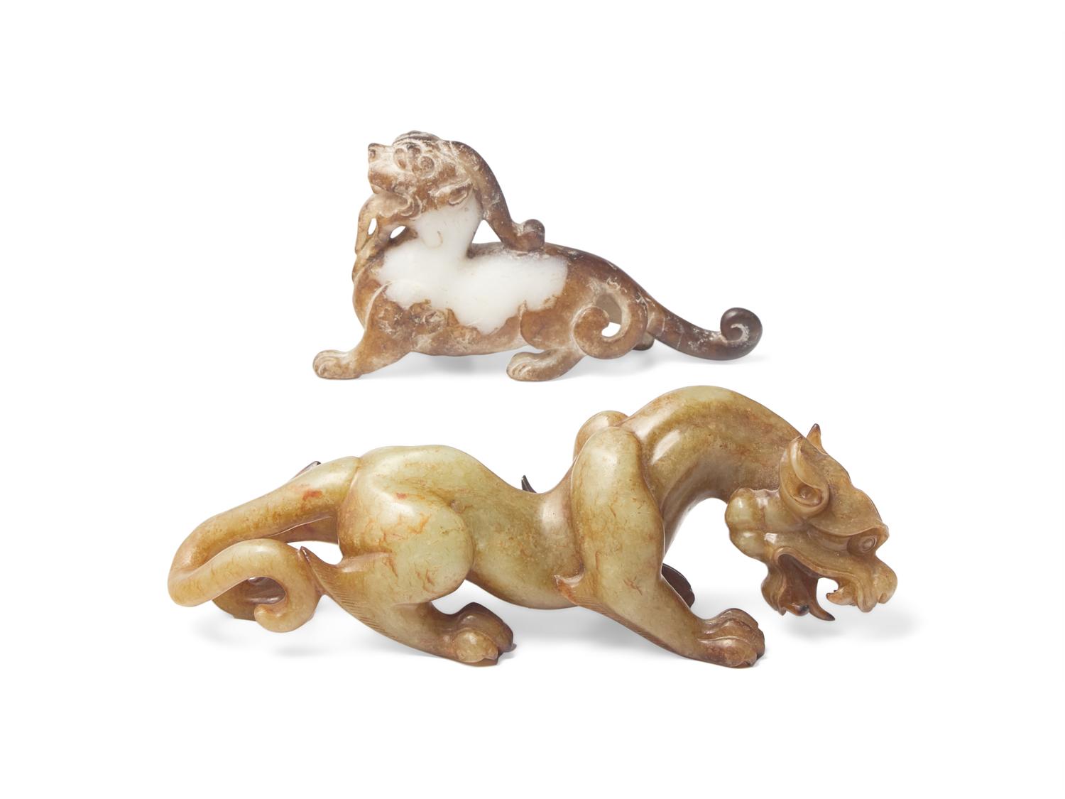 A Chinese Two-Tone Stone Bixie and a Yellowish-Beige Jade Mythical Beast
