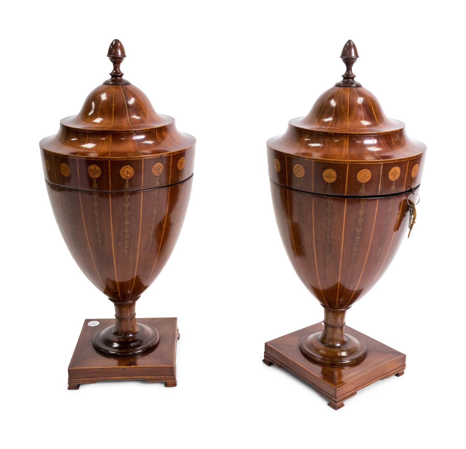 A Pair of George III Satinwood Inlaid Mahogany Urn-form Knife Boxes — 19TH CENTURY