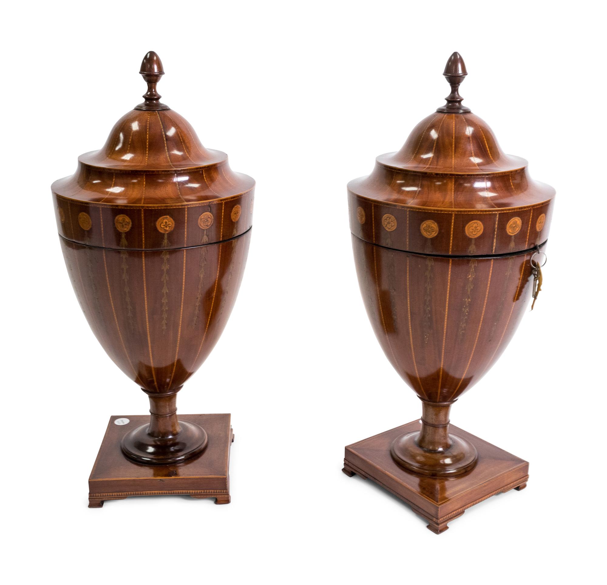 A Pair of George III Satinwood Inlaid Mahogany Urn-form Knife Boxes — 19TH CENTURY