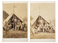 [CIVIL WAR]. A pair of CDVs featuring soldiers, likely members of the 7th NY state militia, posed just outside of a tent at "Camp Cameron, May 1861."