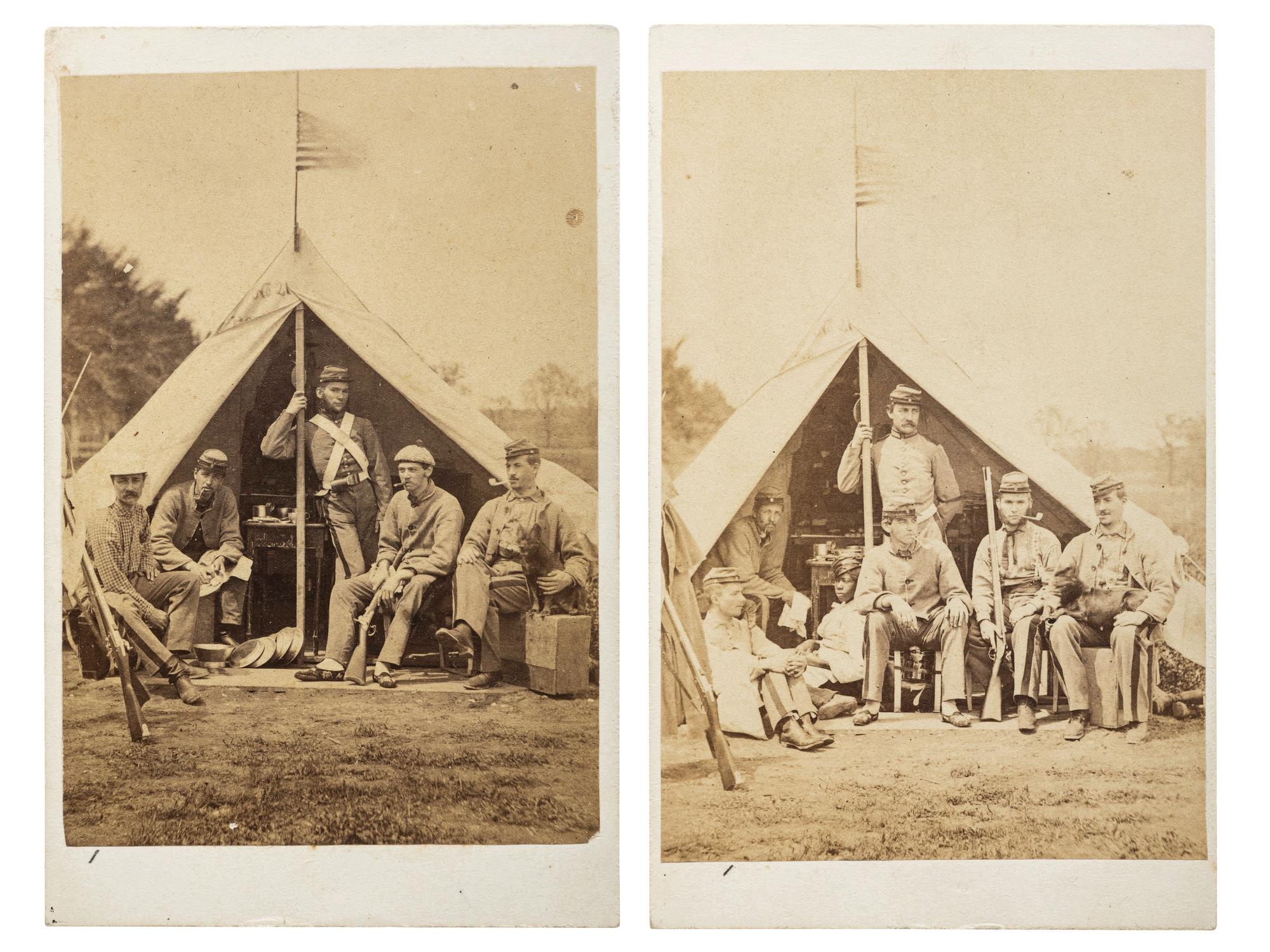 [CIVIL WAR]. A pair of CDVs featuring soldiers, likely members of the 7th NY state militia, posed just outside of a tent at "Camp Cameron, May 1861."