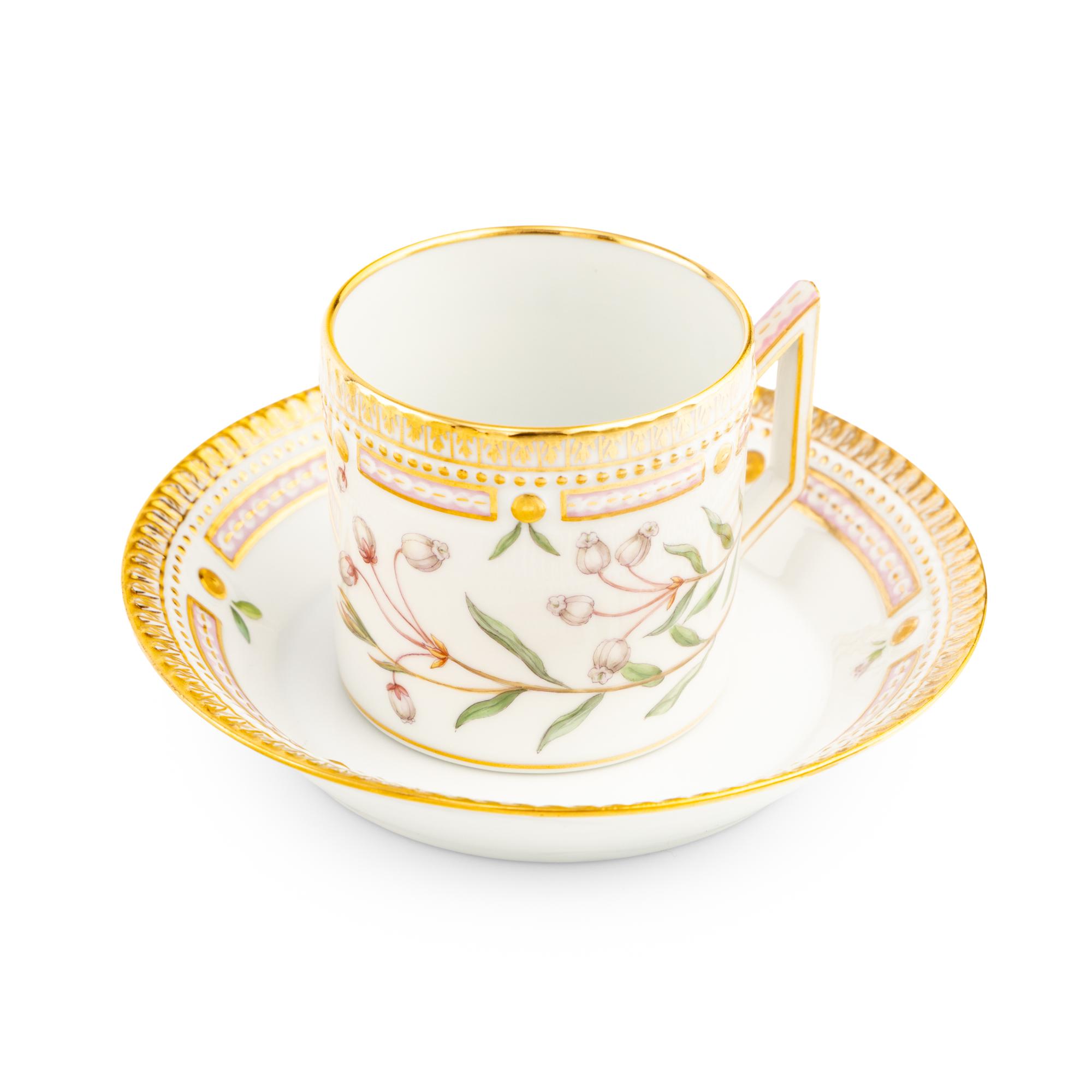 A Set of Ten Royal Copenhagen Flora Danica Porcelain Chocolate Cups and Saucers