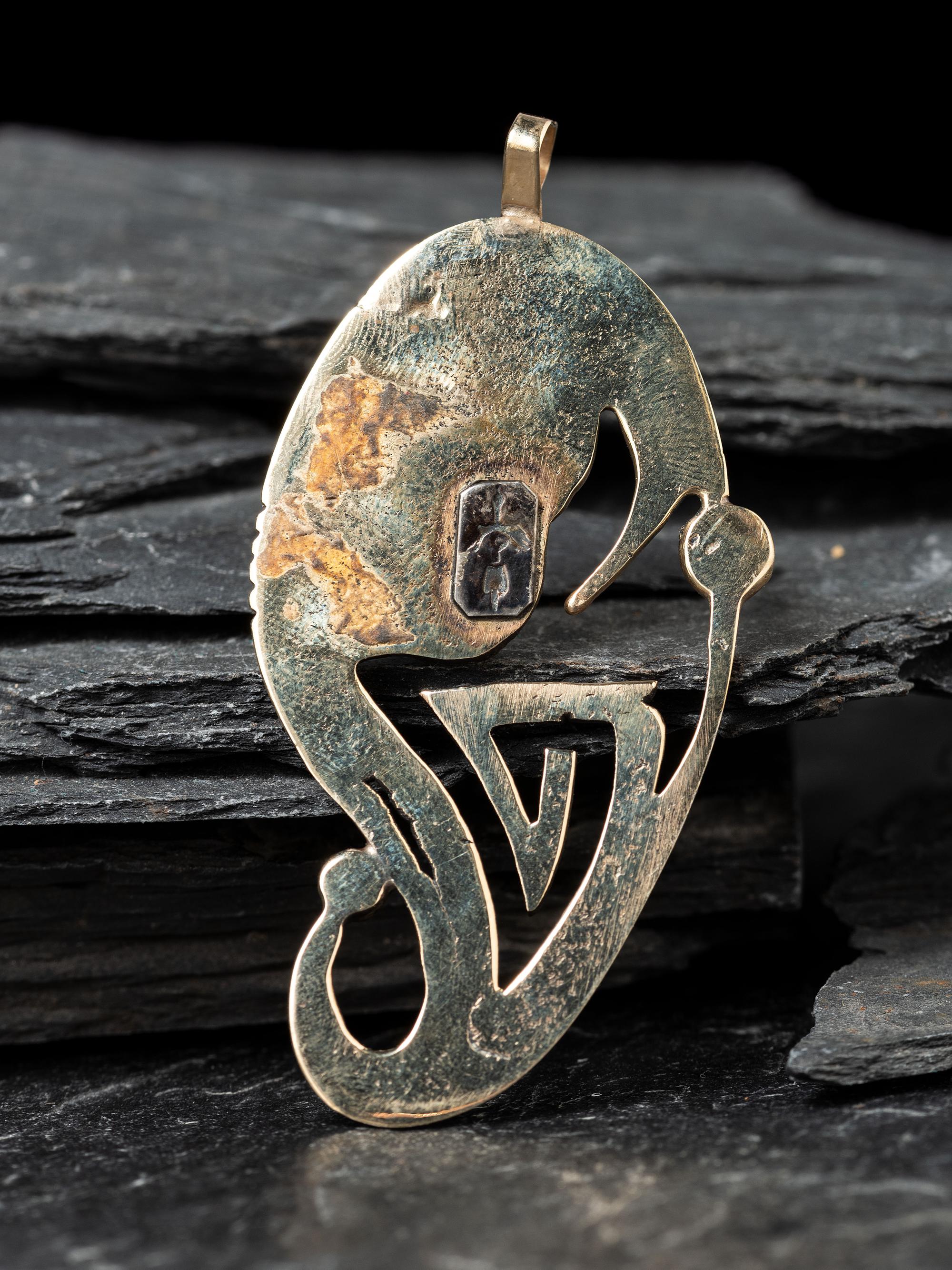 Tufa Cast 14K Gold and Lander Blue Turquoise Abstract Pendant