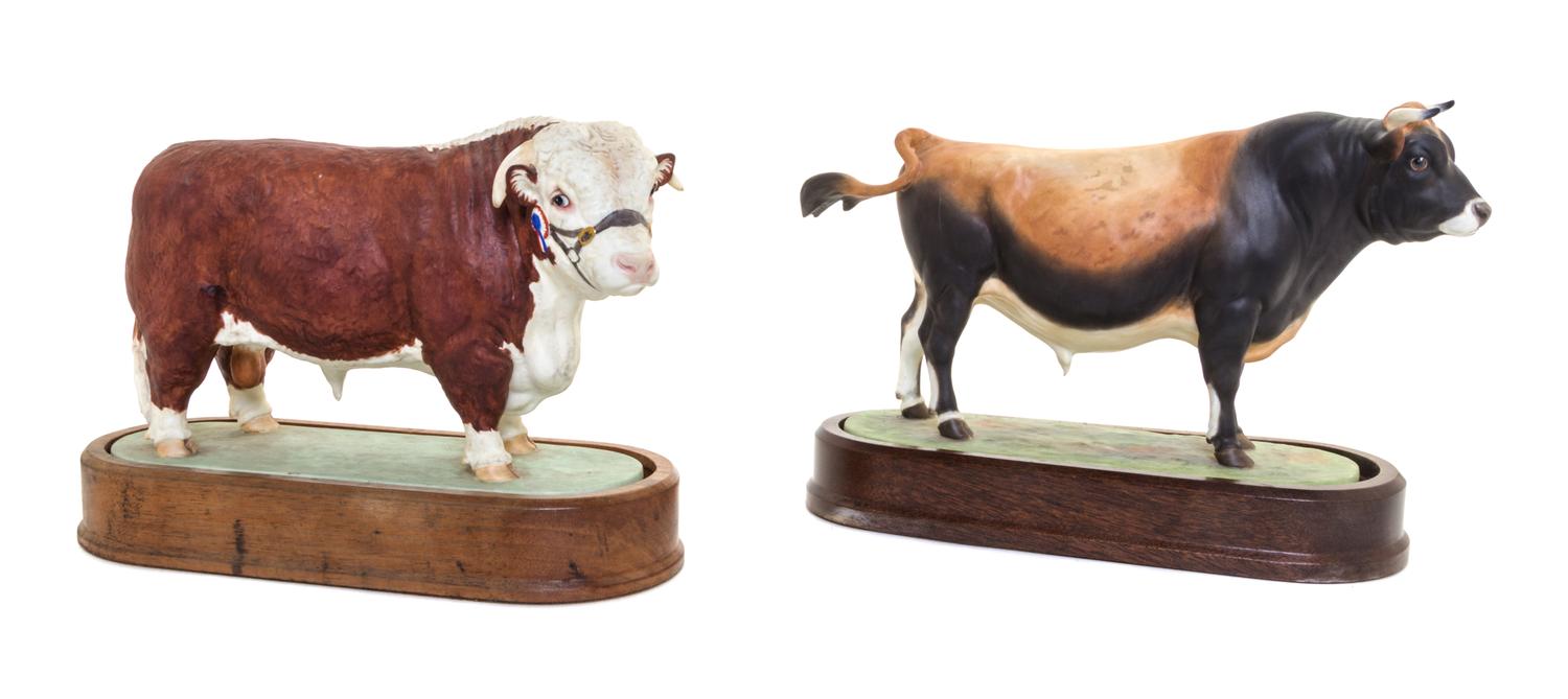 Two Royal Worcester Porcelain Models of Bulls Width of first 10 inches. — MODELED BY DORIS LINDNER