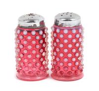 Two Cranberry Glass Hobnail Casters Height 3 1/4 inches
