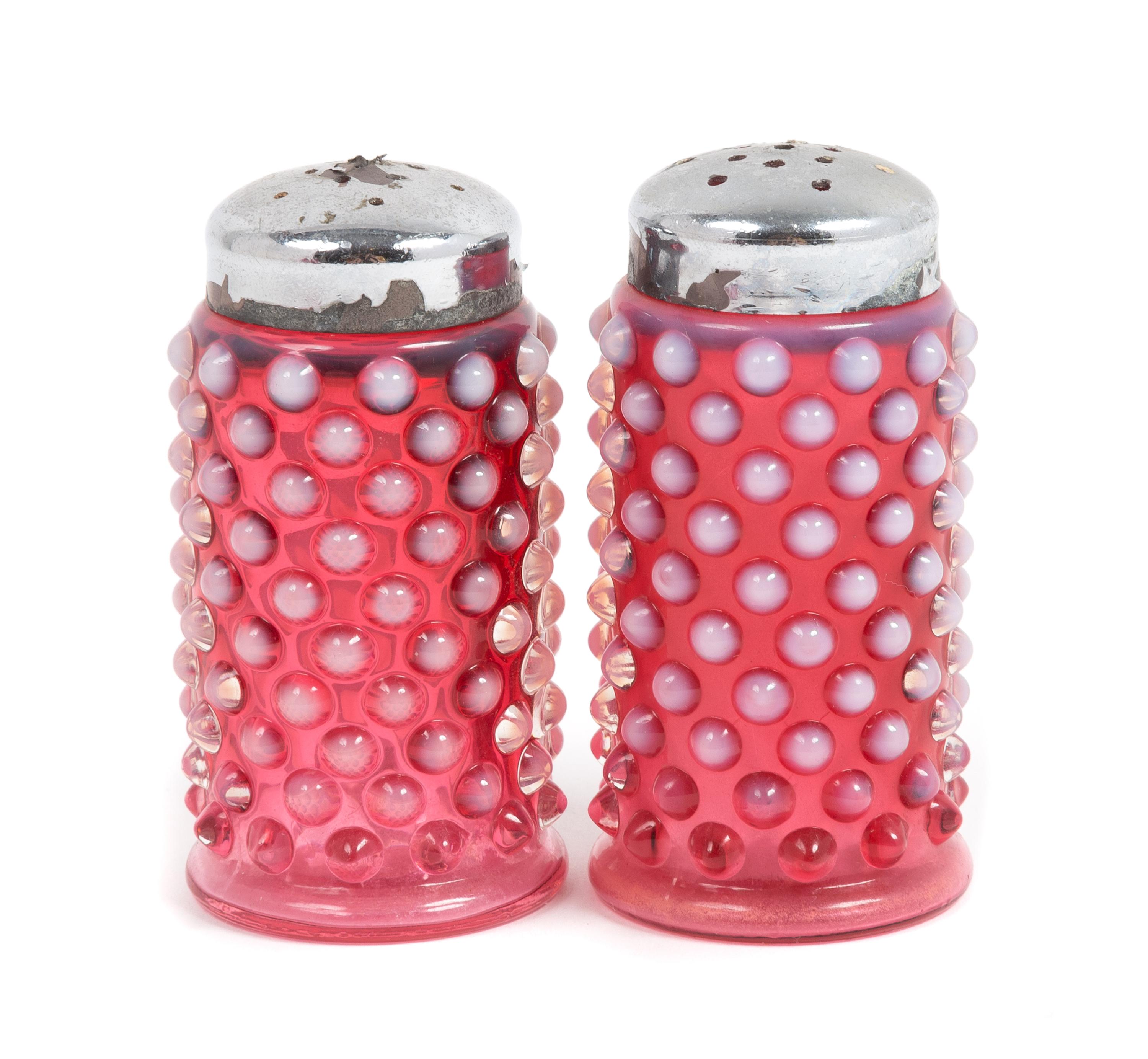 Two Cranberry Glass Hobnail Casters Height 3 1/4 inches
