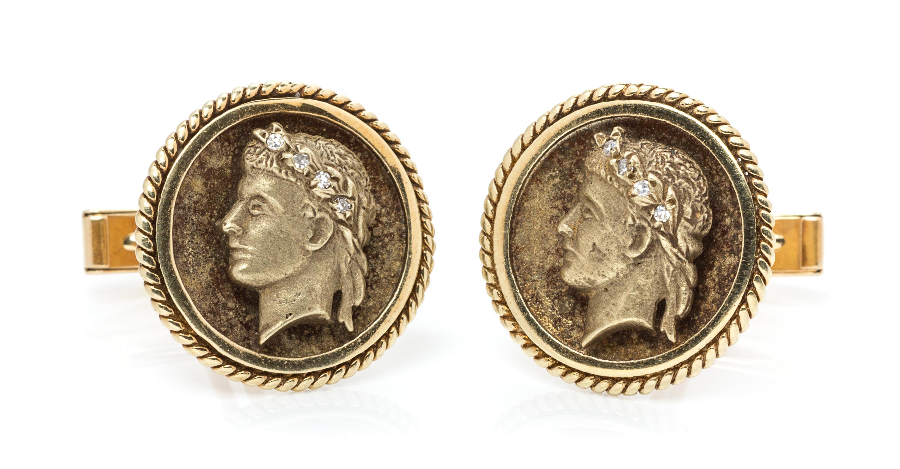 A Pair of 14 Karat Yellow Gold and Diamond Cufflinks, 9.70 dwts.