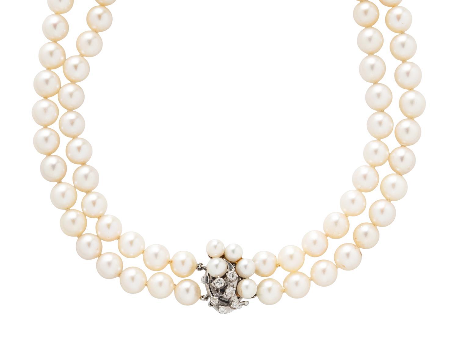 DOUBLE STRAND CULTURED PEARL AND DIAMOND NECKLACE
