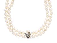 DOUBLE STRAND CULTURED PEARL AND DIAMOND NECKLACE