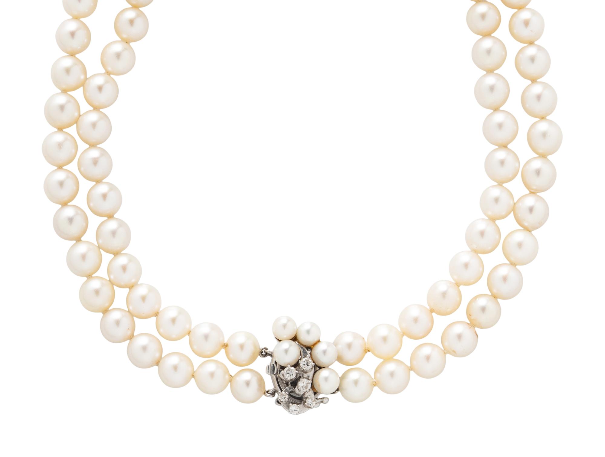 DOUBLE STRAND CULTURED PEARL AND DIAMOND NECKLACE