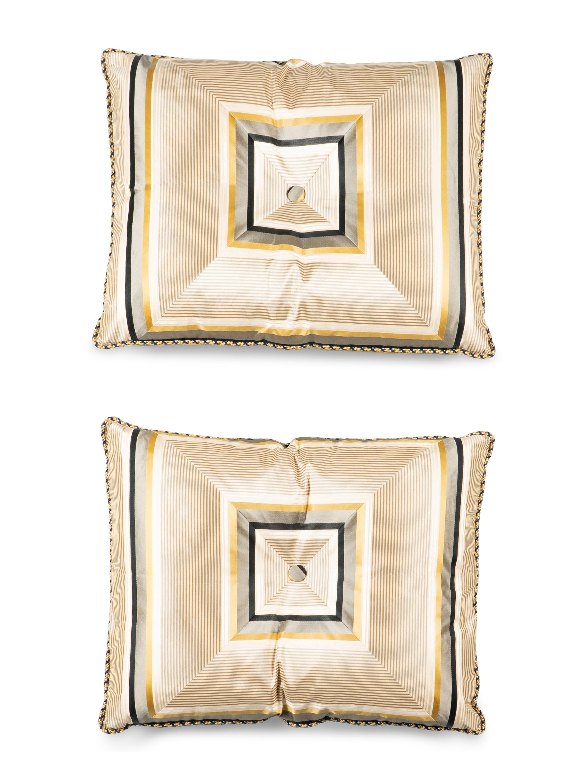 A Pair of Noblis Silk Upholstered Custom Throw Pillows and a Pair of Custom Curtain Panels
