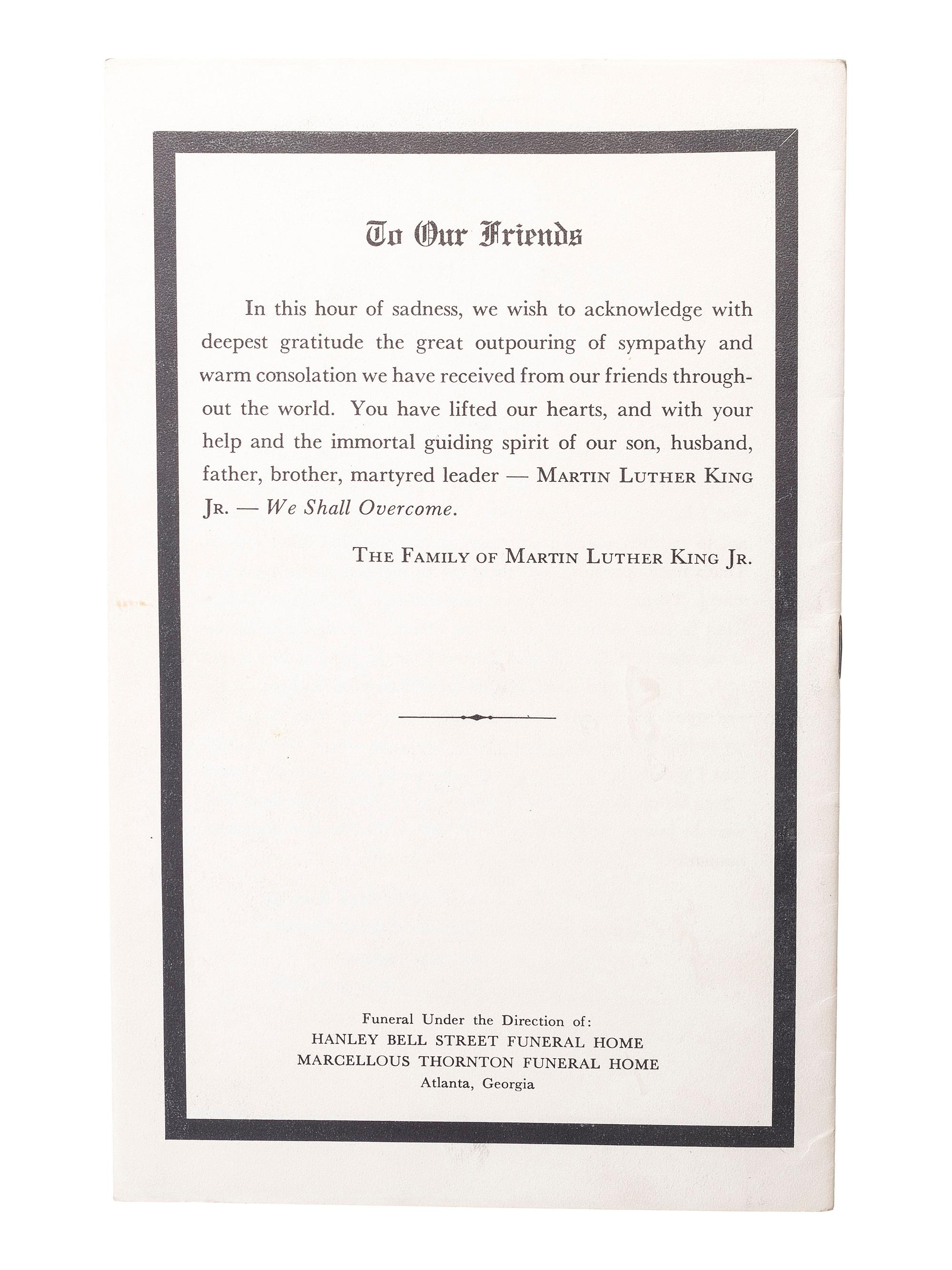 [KING, Martin Luther, Jr. (1929-1968)]. Obsequies Martin Luther King Jr. [Atlanta]: n.p., 1968.