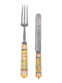 A Russian Silver and Porcelain-Mounted Dinner Knife and Fork
