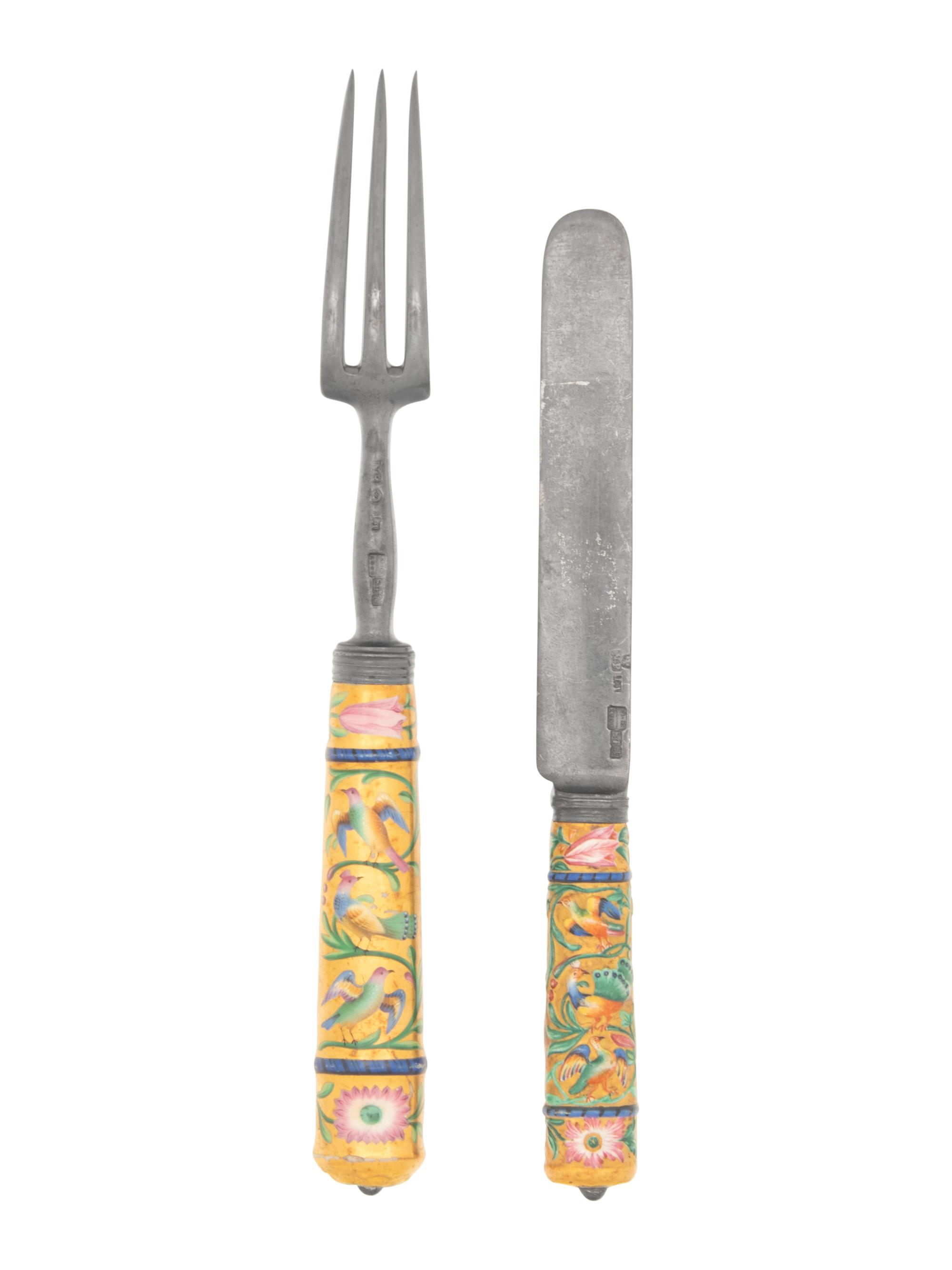 A Russian Silver and Porcelain-Mounted Dinner Knife and Fork