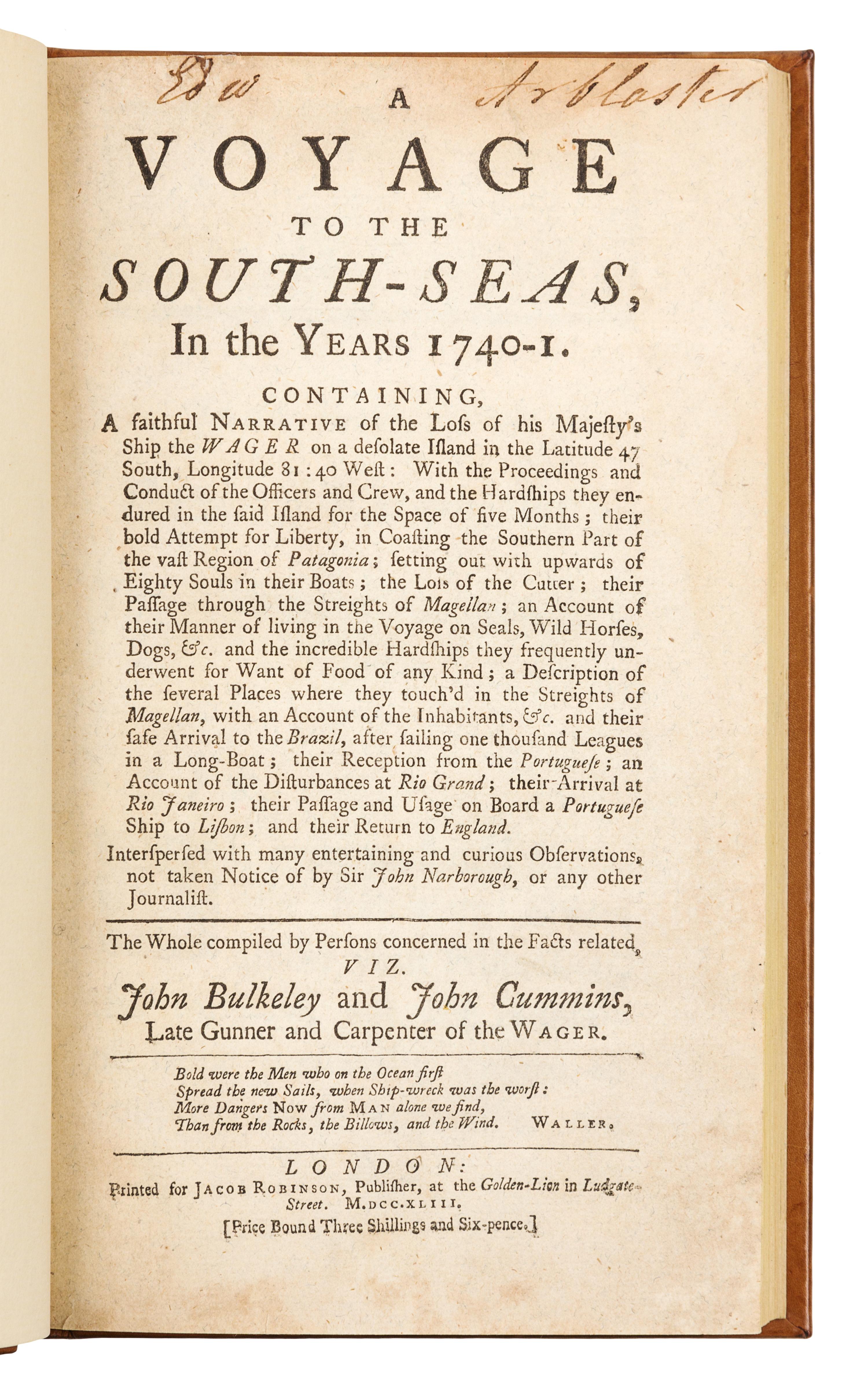 BULKELEY, John (fl. 1740) and John CUMMINS (fl. 1740). A Voyage to the South-Seas, in the Years 1740-1. London, 1743. FIRST EDITION.