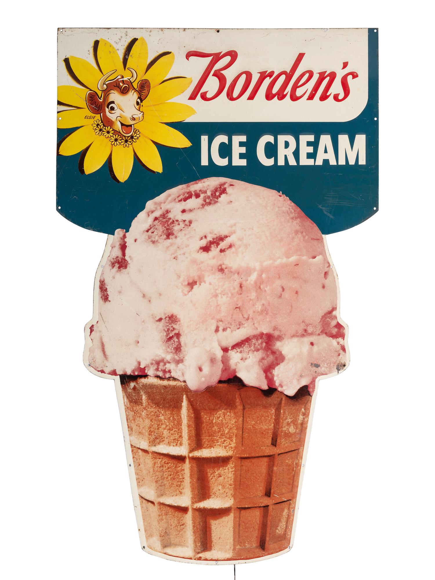 A Borden's Ice Cream Embossed Lithographed Tin Advertising Sign