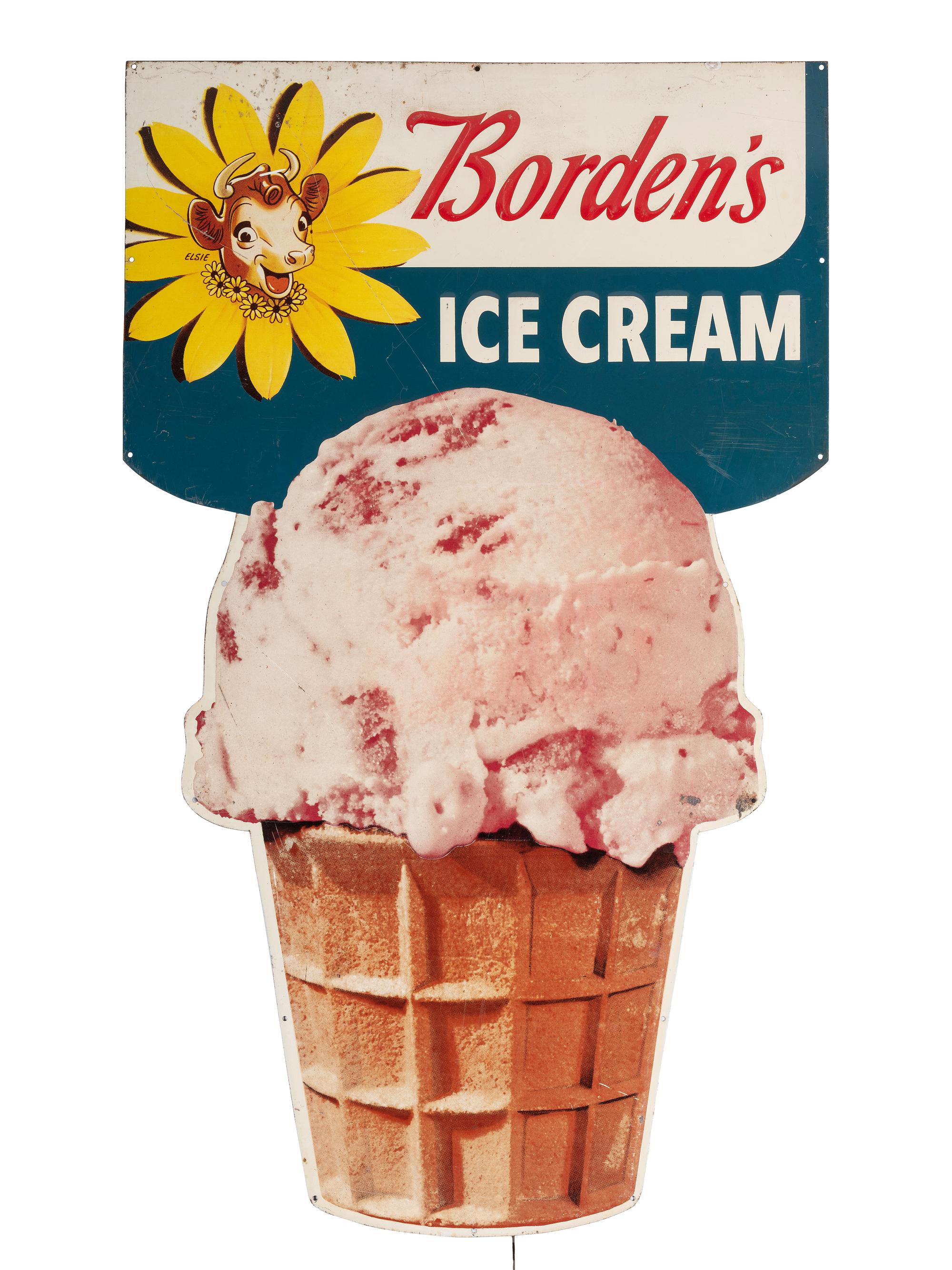 A Borden's Ice Cream Embossed Lithographed Tin Advertising Sign