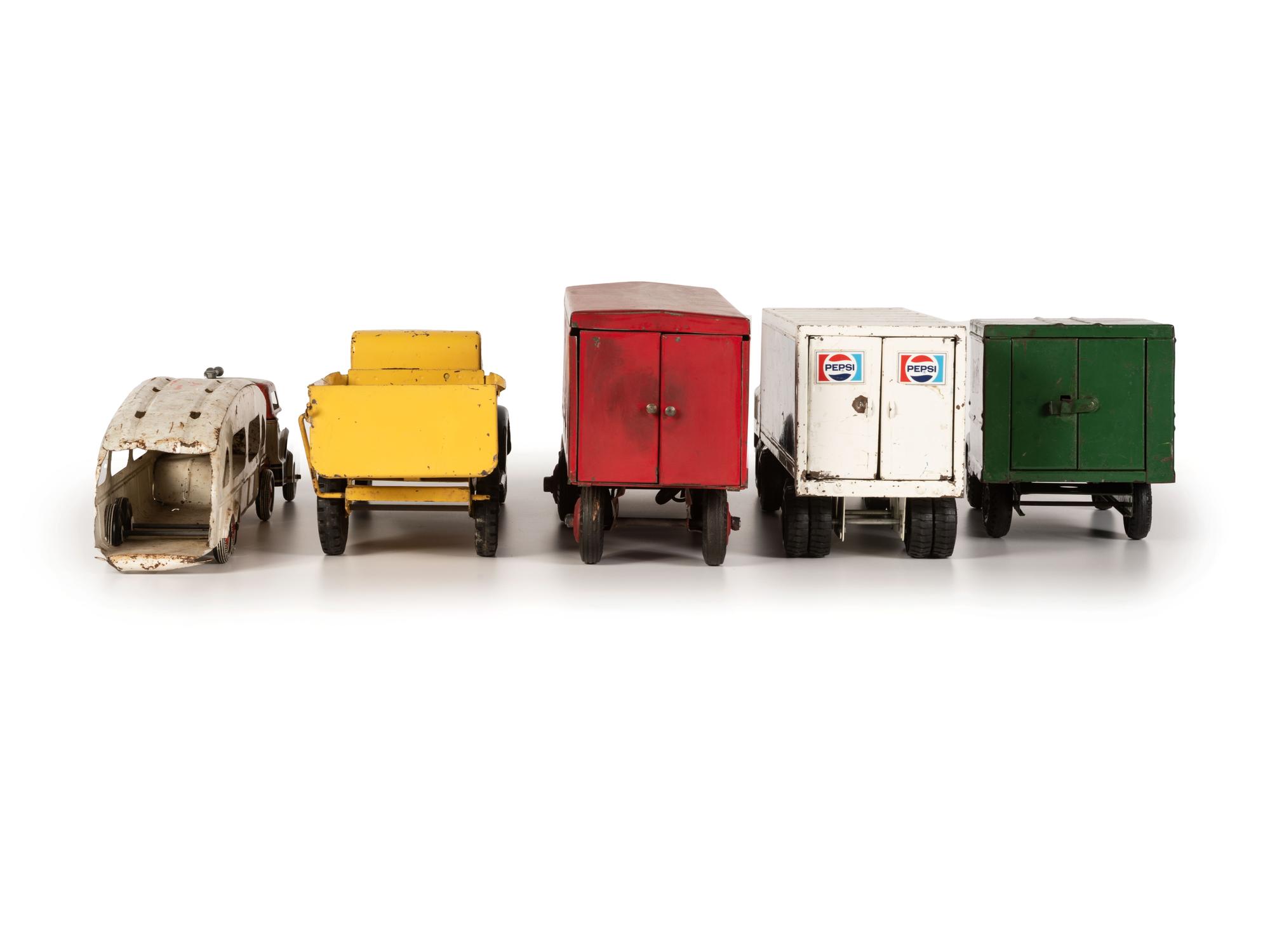 Five Pressed Metal Toy Trucks