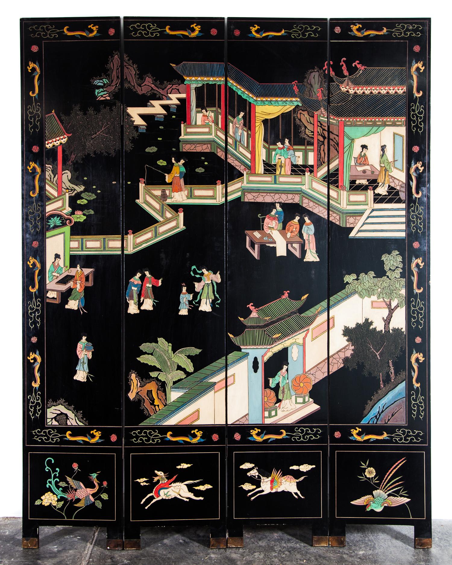 A Four-Panel Coromandel Screen Height of each panel 84 1/2 x width 16 inches.